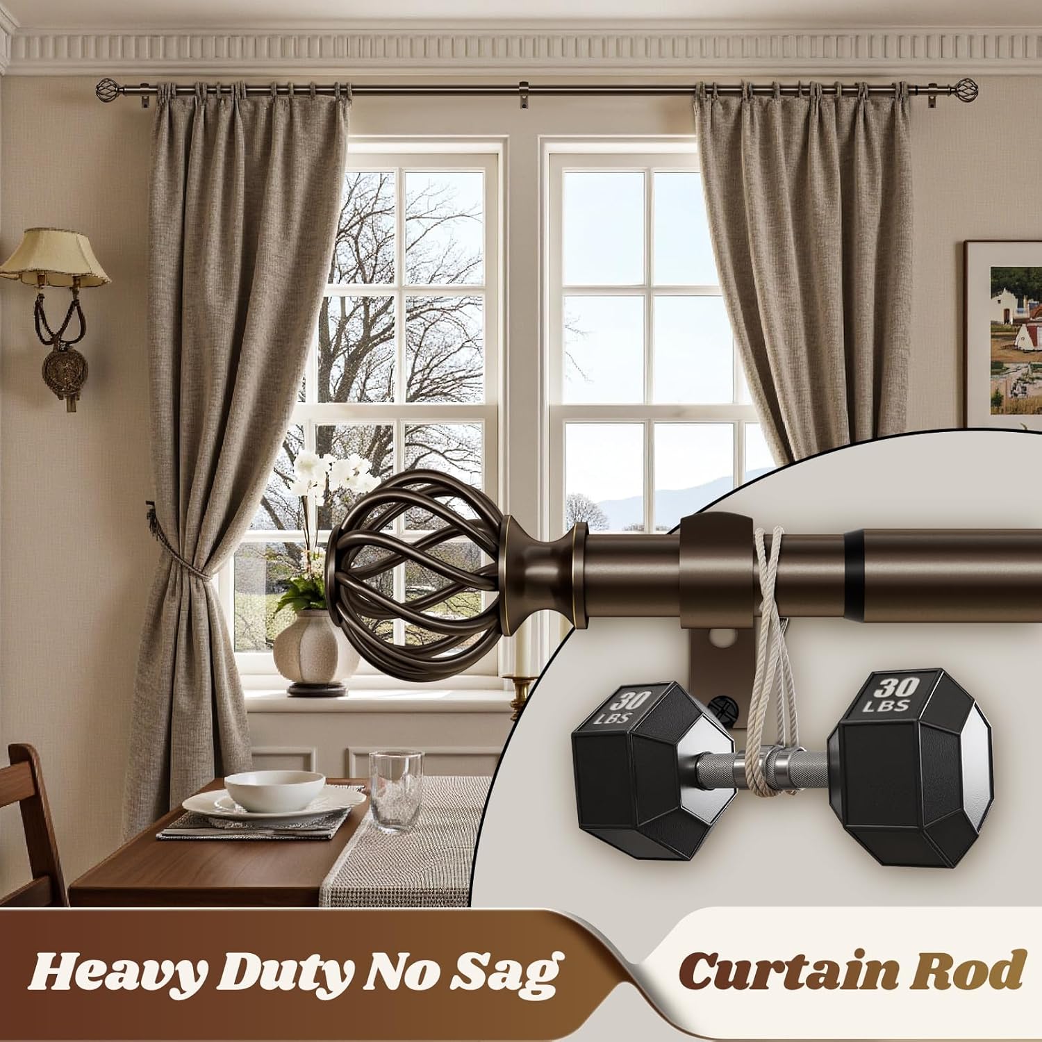 Curtain Rods for Windows, Decorative Curtain Rod Adjustable, Heavy Duty 1 Inch Drapery Rod for Living Room Bedroom Kitchen