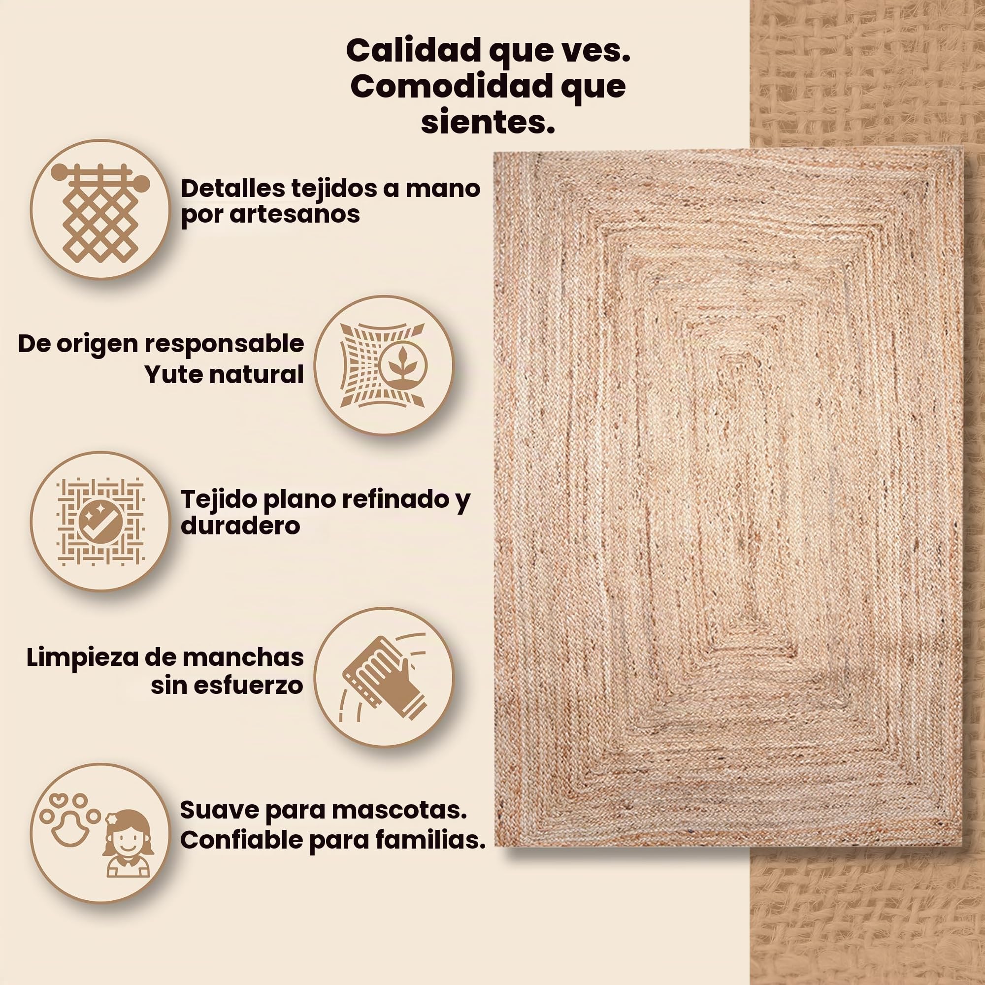 Craft Trade Natural Lavable Bohemia Yute Alfombra Reversible Trenzado Tejido a Mano Alfombra de Trapo Rectangular para Cocina Sala de Estar y Dormitorio - 90x150 cm