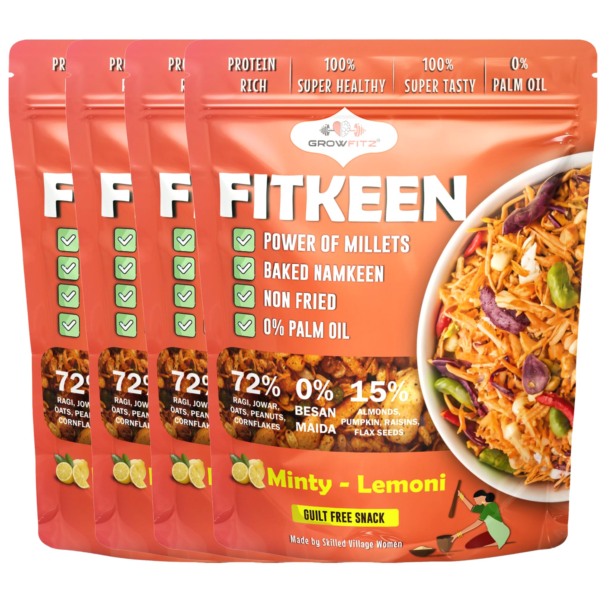 Growfitz Baked Namkeen Mixture 200g | Minty Lamoni Flavor | Power of Millets, Non Fried, 0% Palm Oil | 12.4g Rich Protein | Super Tasty, Healthy & Guilt Free Snacks | 0% Maida & Besan (Pack of 4)