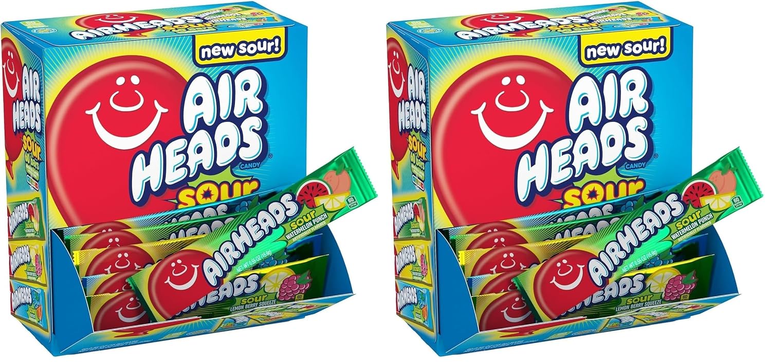 Airheads SOUR Bars, Variety Bulk Box, Sour Watermelon Punch, Blue Blast, and Lemon Berry Squeeze flavored candy, 60 Individually Wrapped Full Size Bars (Pack of 2)