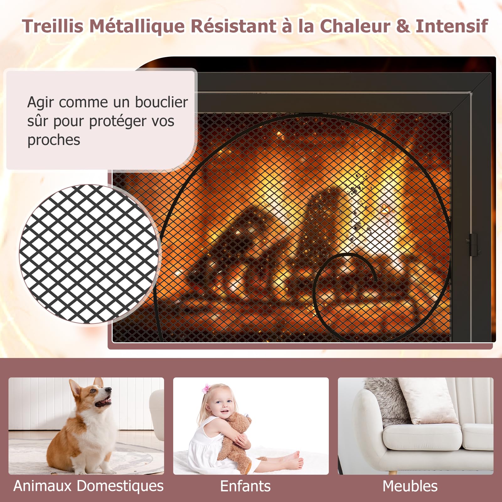 GIANTEX Écran de Cheminée à 2 Portes, Pare-étincelles Pare-feu Cheminée Décoratif en Métal & Maille & Panneaux Magnétiques, Clôture de Cheminée Grille de Protection pour Foyer, Poêle à Bois, Noir