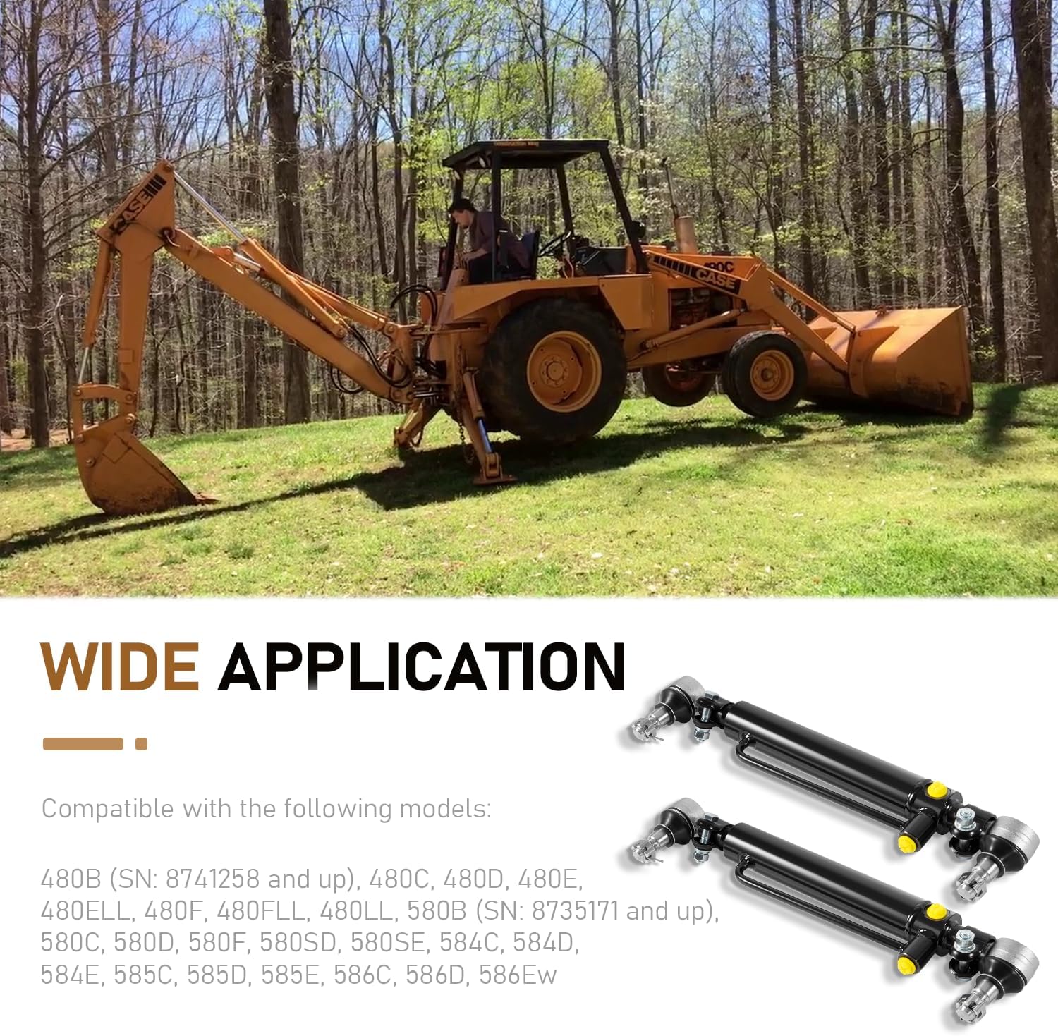 Power Steering Cylinder D128454 D84800 234447A1 with Castle Nuts Suitable for Case Backhoe Loaders 480B 480C 480D 480E 480F 480LL 580C 580D 580SD 580SE 584D 584E 585D 585E 586D 586E (Set of 2)