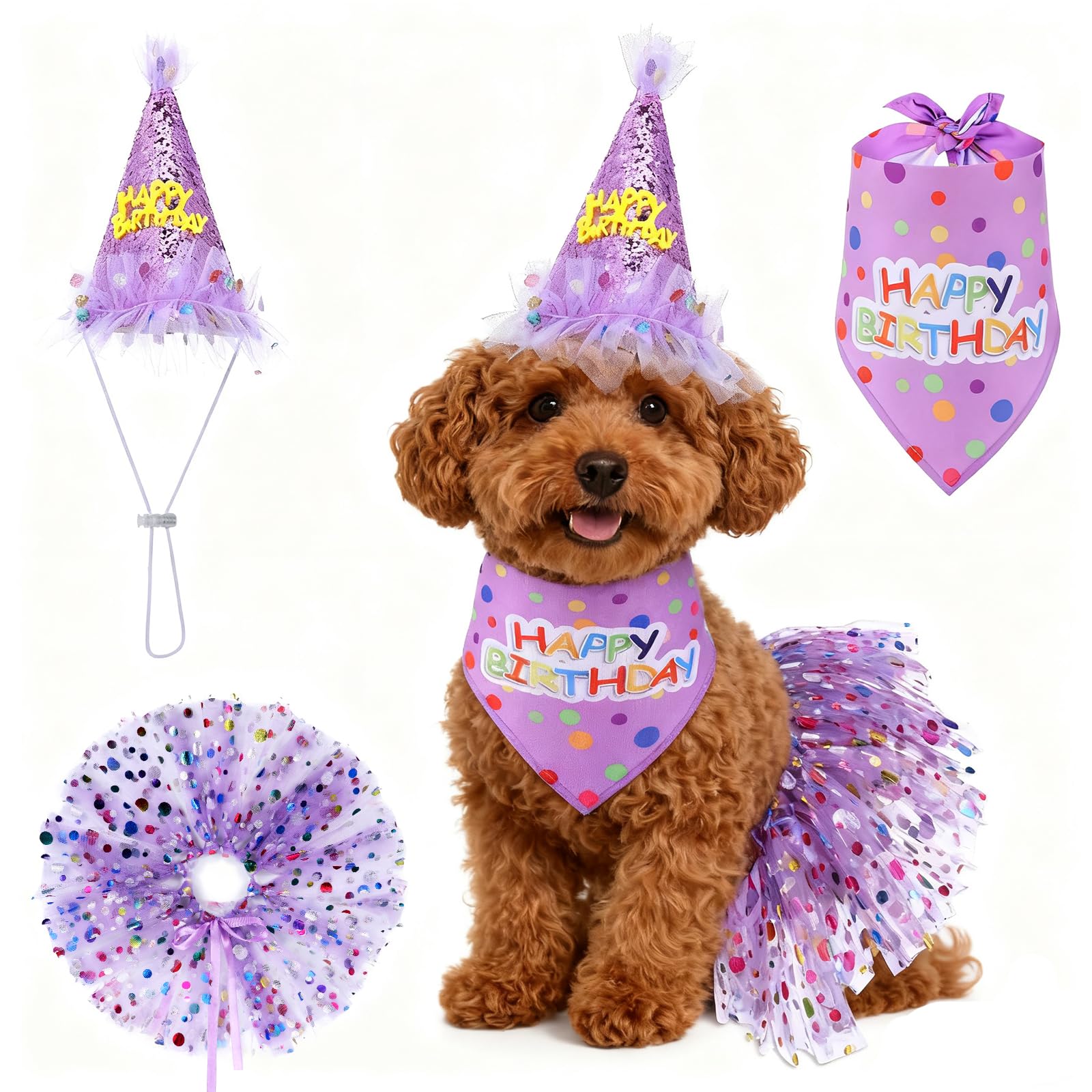 3Pcs Dog Birthday Hat with Bandana Dress Girl Set, Cute Dog Tutu Skirt Outfit, Puppy Birthday Party Supplies for Small Medium Large Dogs Decorations(Purple)