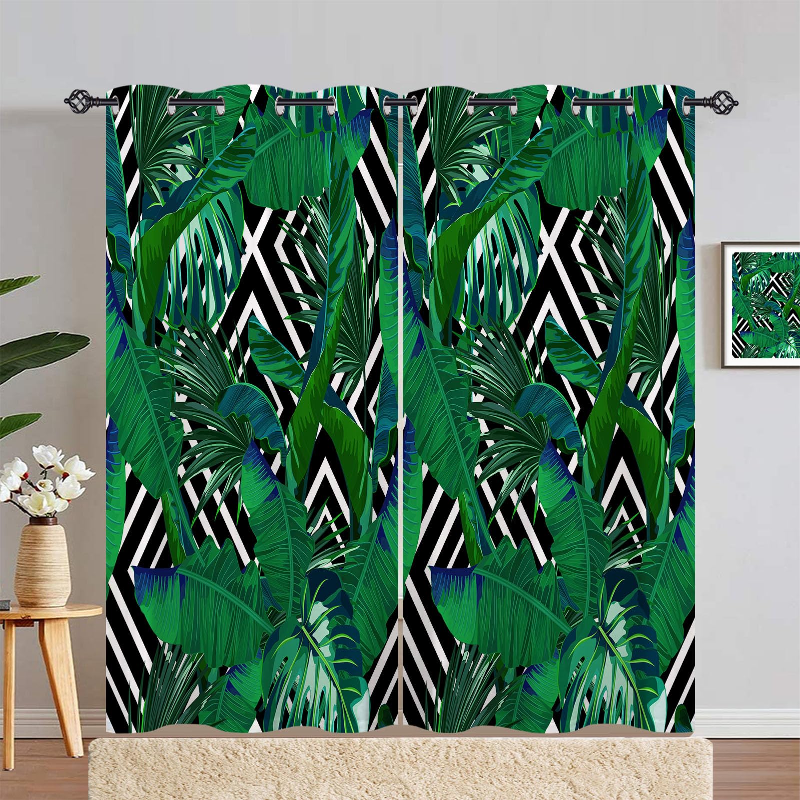 ANHOPE Tropical Leaf Curtains Eyelet Ring Top Soft Thermal Insulated Blackout Curtains Retro Palm Tree Leaf Print Pattern Decorative Window Drapes for Bedroom Living Room 55 x 84 Drop Inch 2 Panels โ image 1