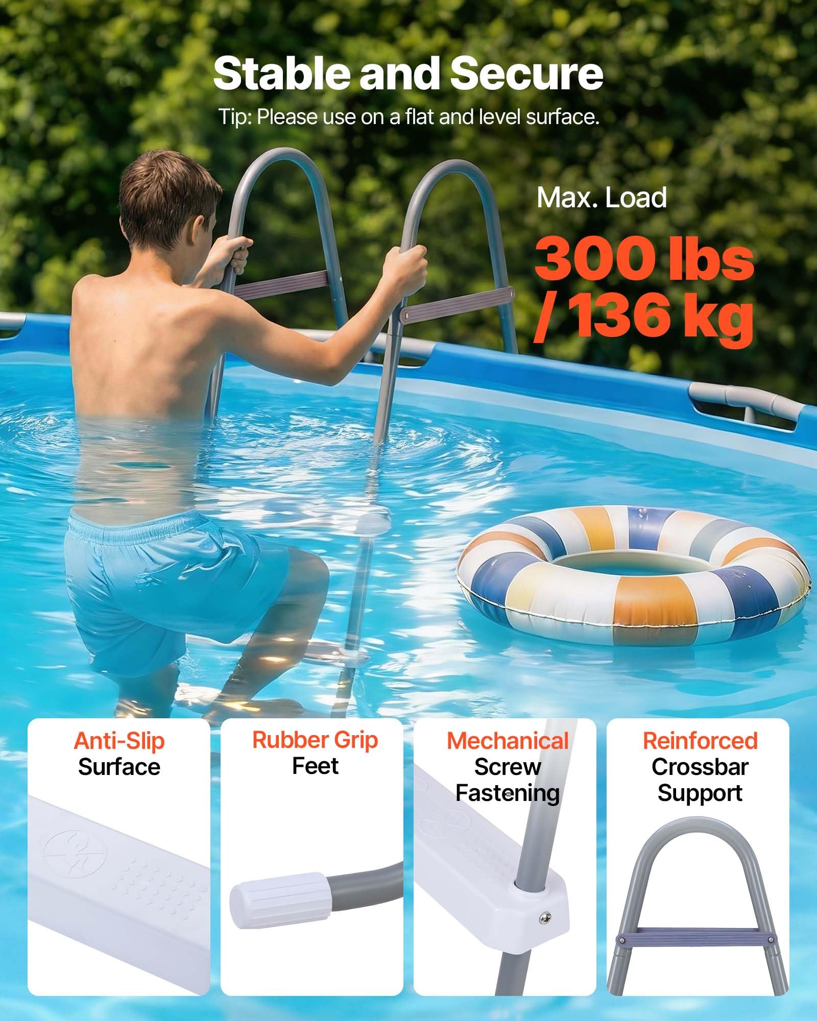 VEVOR Échelle de Piscine Hors Sol 106,7 cm Acier Carbone 3 Marches PP Antidérapantes Capacité Charge 136 kg Gris Blanc
