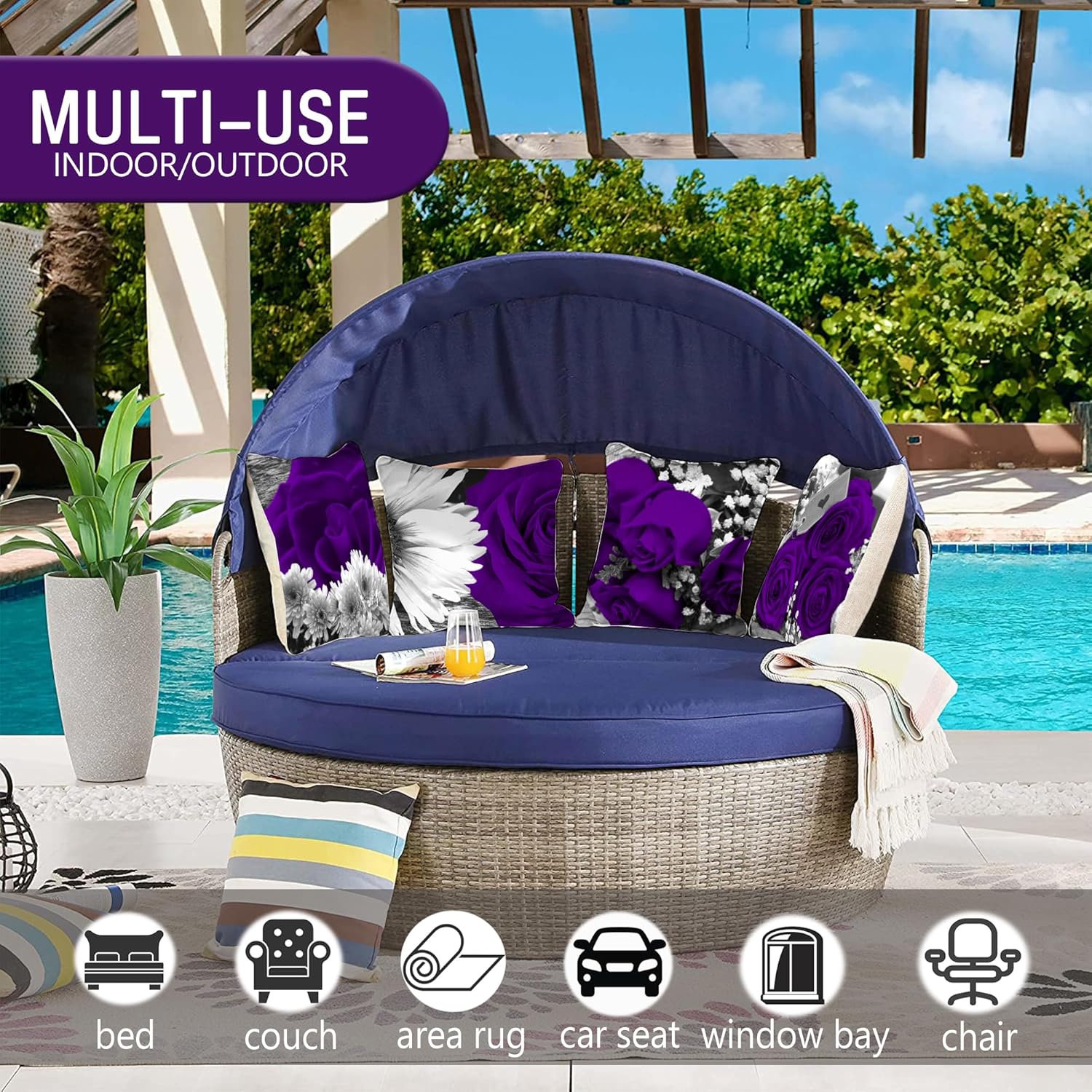 Purple Throw Pillow Covers 4 Pack 18x18 Purple Rose Black Gray Decorative Dark Flower Throw Pillow Covers for Couch Bed Outdoor Flower Linen Farmhouse Pillow Cases Spring Summer