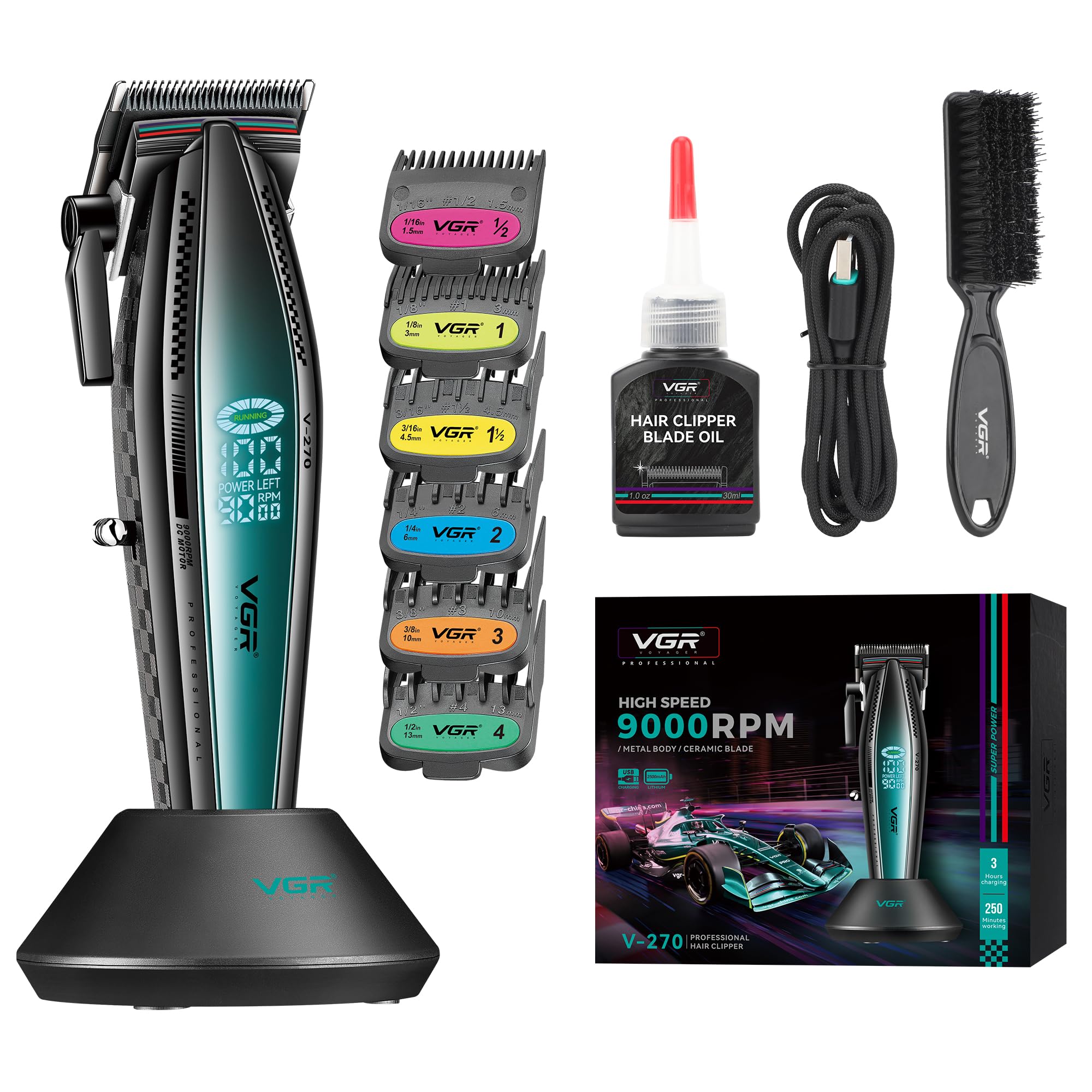 VGR Cortadora de pelo profesional para hombres, inalámbrica USB-C recargable, motor de 9000 RPM y palanca cónica, hoja de cerámica, cortes de pelo, mezcla, decoloración y modelado y aseo de barba