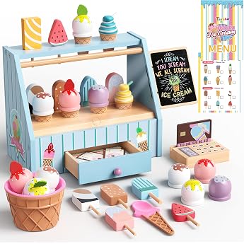 Atoylink Children's Wooden Ice Cream Parlour Shop Accessories with Merchant Shop Accessories Wooden Play Money Shopping Shop Ice Cream Shop Children's Ice Cream Toy Role Play Gift for Girls Boys 3 4 5 6 Years Blue