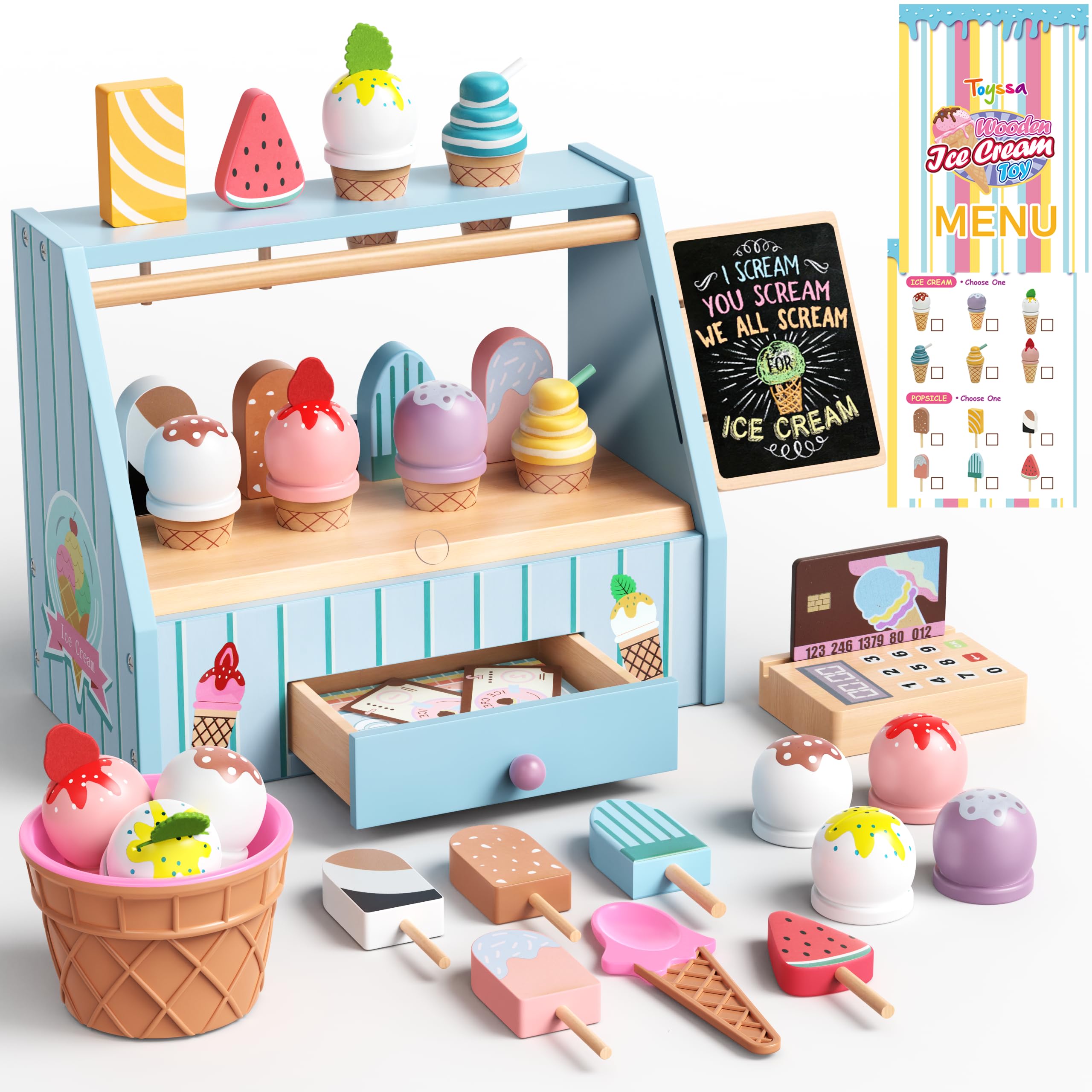 Atoylink Eisdiele Kinder Holz, kaufladen Zubehör mit Kaufmannsladen Zubehör Holz Spielgeld Einkaufsladen, Eisladen Kinder EIS Spielzeug Rollenspiel Geschenk für Mädchen Junge 3 4 5 6 Jahre (Blau)