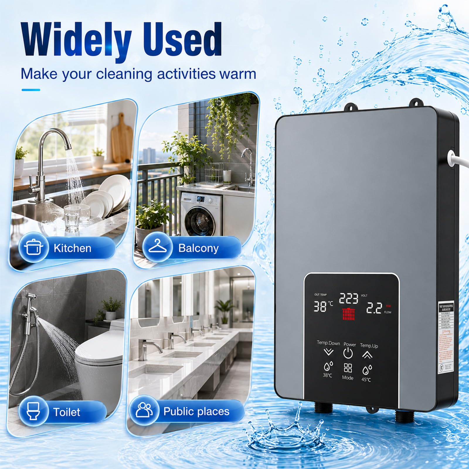 Mini calentador de agua, 6000 W, calentador de agua eléctrico sin depósito, con LED, regulador electrónico, resistente al agua y a las heladas, para cocina, baño, ducha y jardín