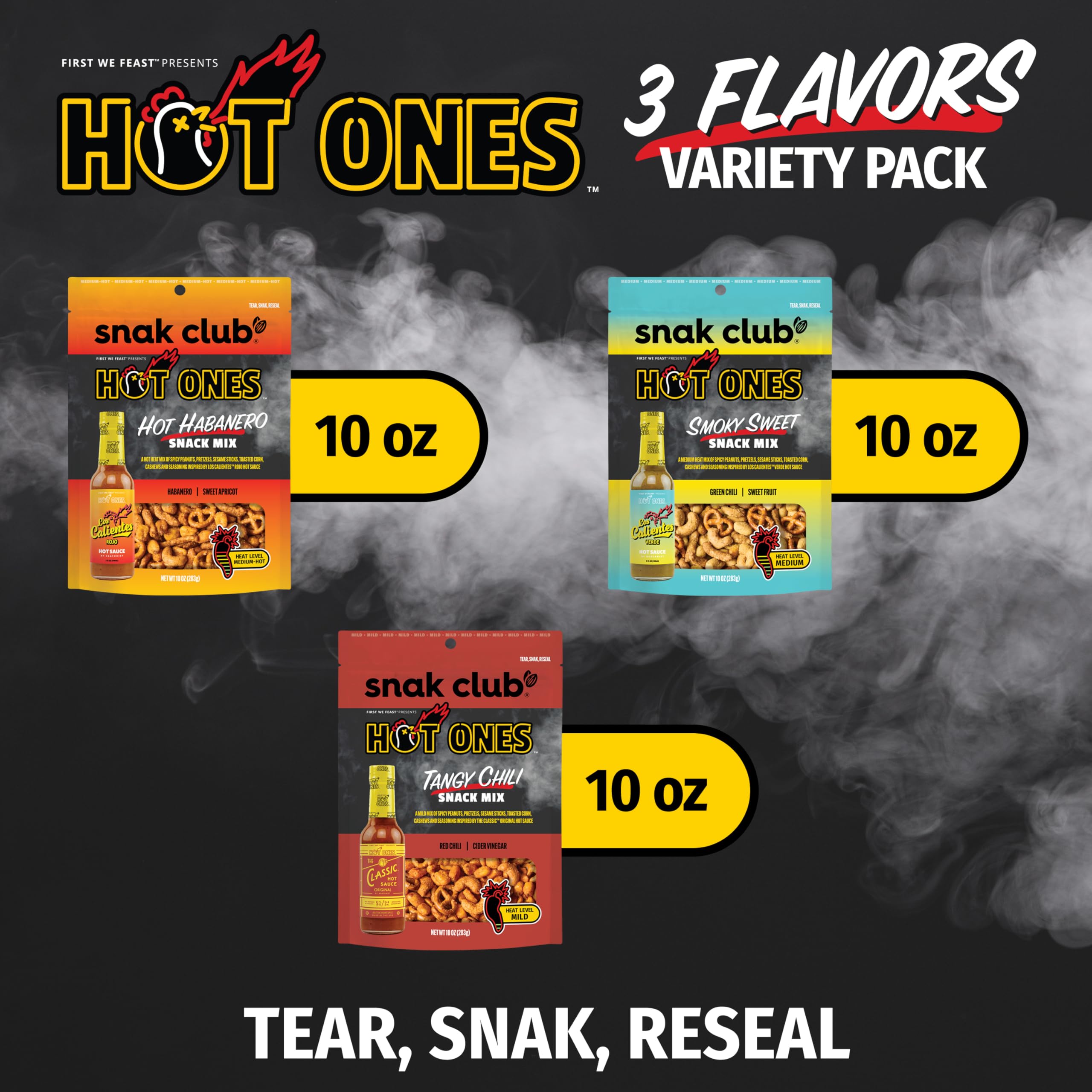 Snak Club Hot Ones Snack-Mix, Hot Habanero, Sweet Smoky und Tangy Chili, würzige Snacks mit Erdnüssen, Brezeln, Sesamstäbchen, gerösteter Mais, Cashews, veganer Snack, wiederverschließbare Beutel, 3