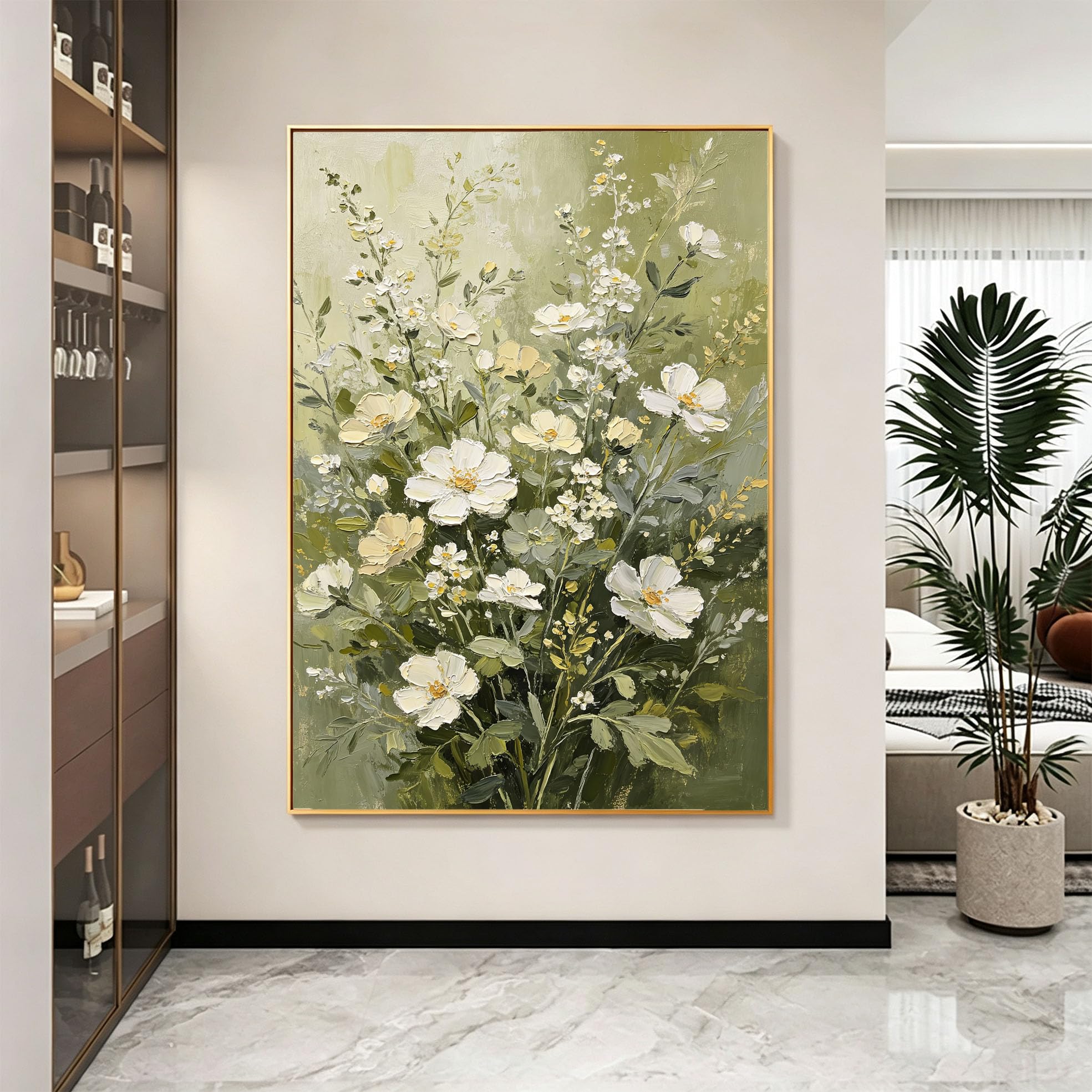 100% Handgemaltes Blumen Ölgemälde, Weiße Blume, Leinwandbild, Rahmenlos, Ästhetisches Botanisches Kunstwerk Für Wohnzimmerdekorationen, 40X60Cm (16X24 Zoll)