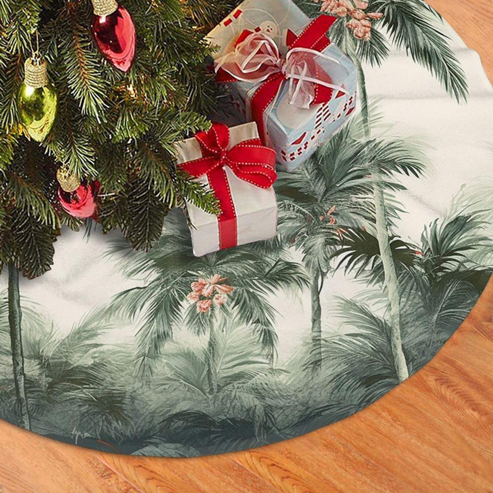 Fodpand Black Tropical Palm Trees Christmas Tree Skirt 36" Velvet Xmas Tree Skirt Mat Rustic Christmas Tree Mat Cover Winter Xmas Tree Collar For Indoor Outdoor Christmas Decorations