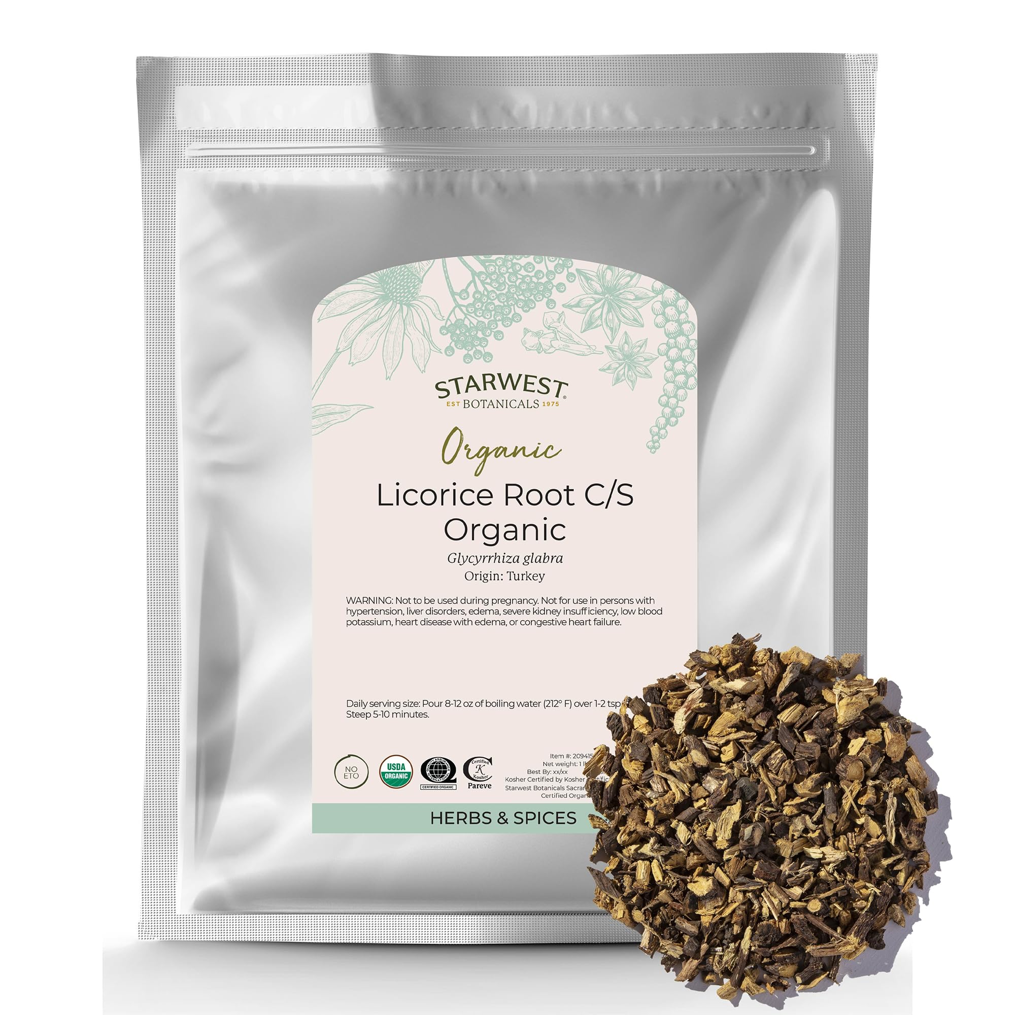 Starwest Botanicals Organic Dried Licorice Root - Herb for Loose Leaf Tea Blends, Candy, & Baked Goods, Cut & Sifted, Certified Kosher, Non-GMO - Bulk 1 lb Bag