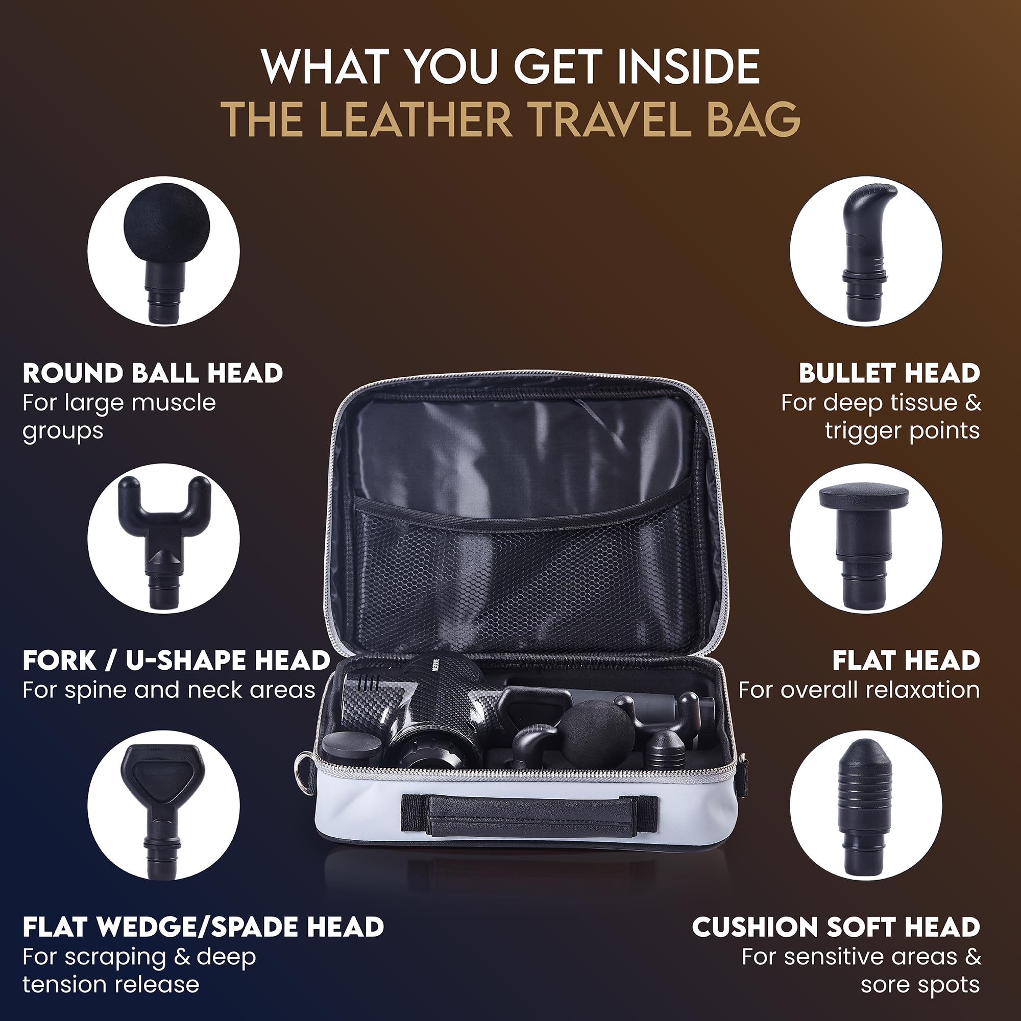 Pistolet de massage cadeau avec étui de transport – Masseur de tissus profonds pour soulager la douleur avec 6 têtes de relaxation à percussion – Moteur silencieux sans balais, pour