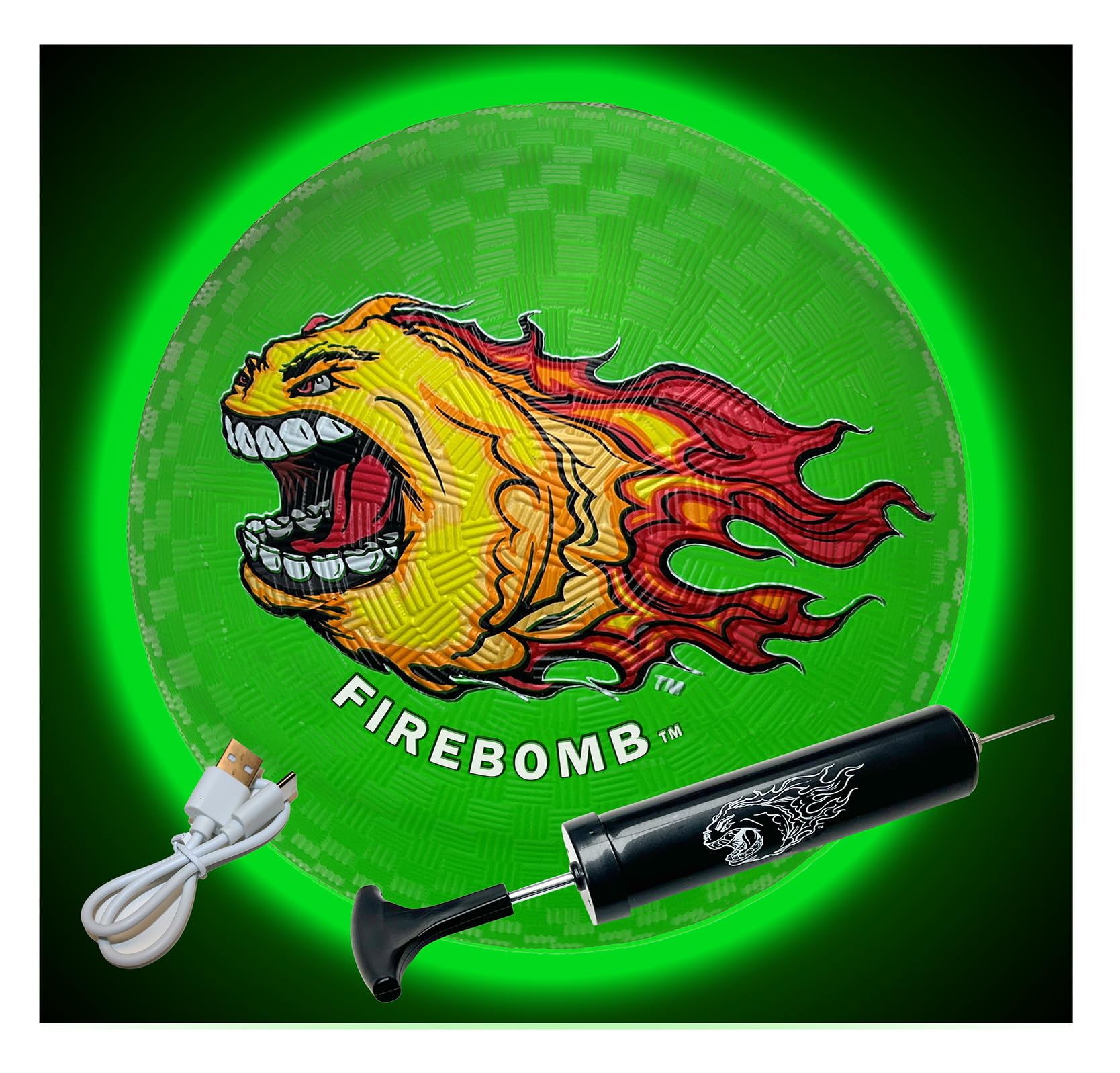 FIREBOMB™ - USB Rechargeable LED - Rubber DodgeBomb™ Playground Ball - 8.5 inch - Green - Outdoor Fun Four Square Handball Dodgeball Kids Recess Sports Activity