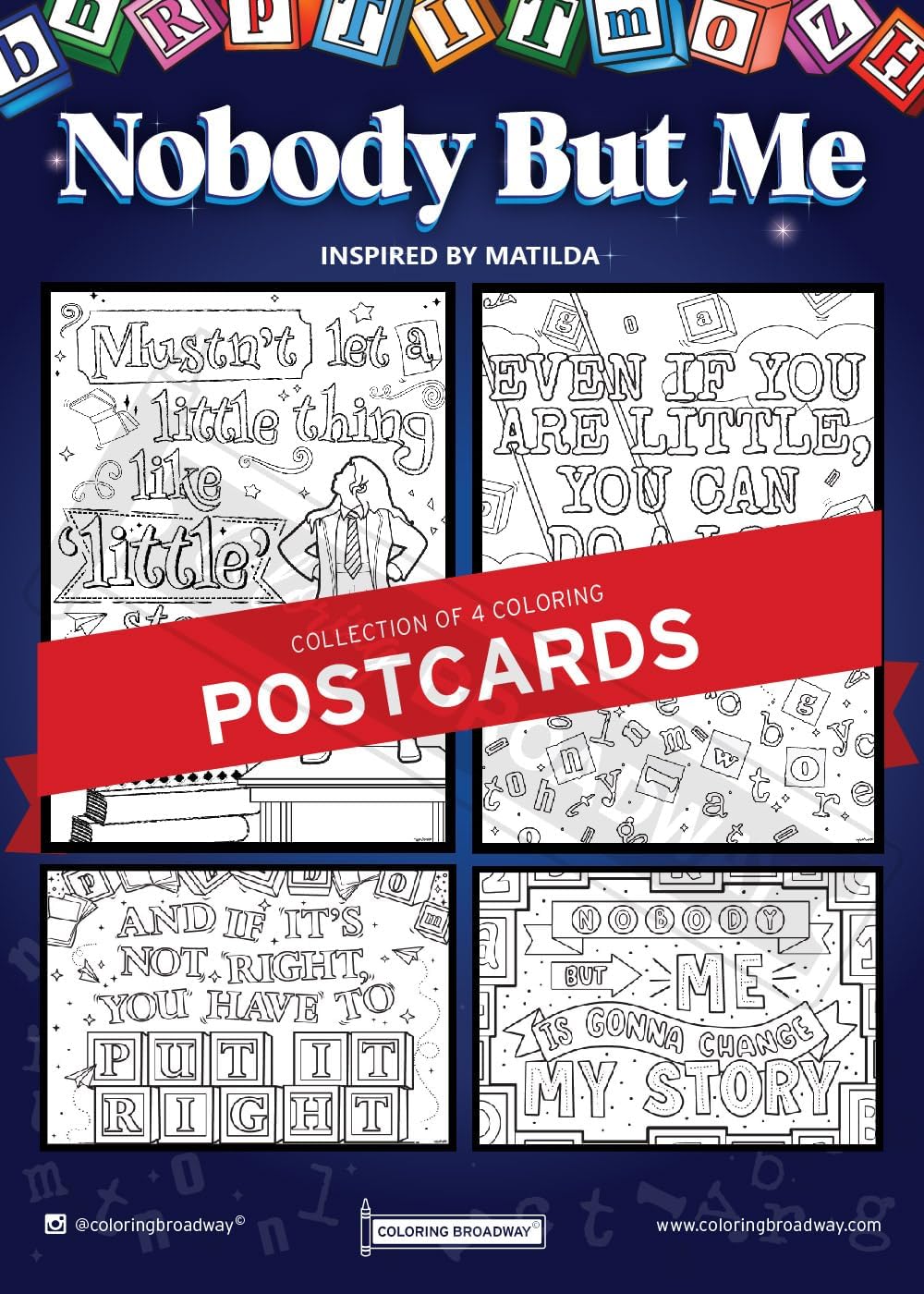 Coloring Broadway - Matilda Inspired Coloring Pages (Set of 4), Nobody But Me Musical Merchandise, Printed on Matte Card Stock (8 1/2” x 11”), Ideal Gift for a Broadway Theater Lover