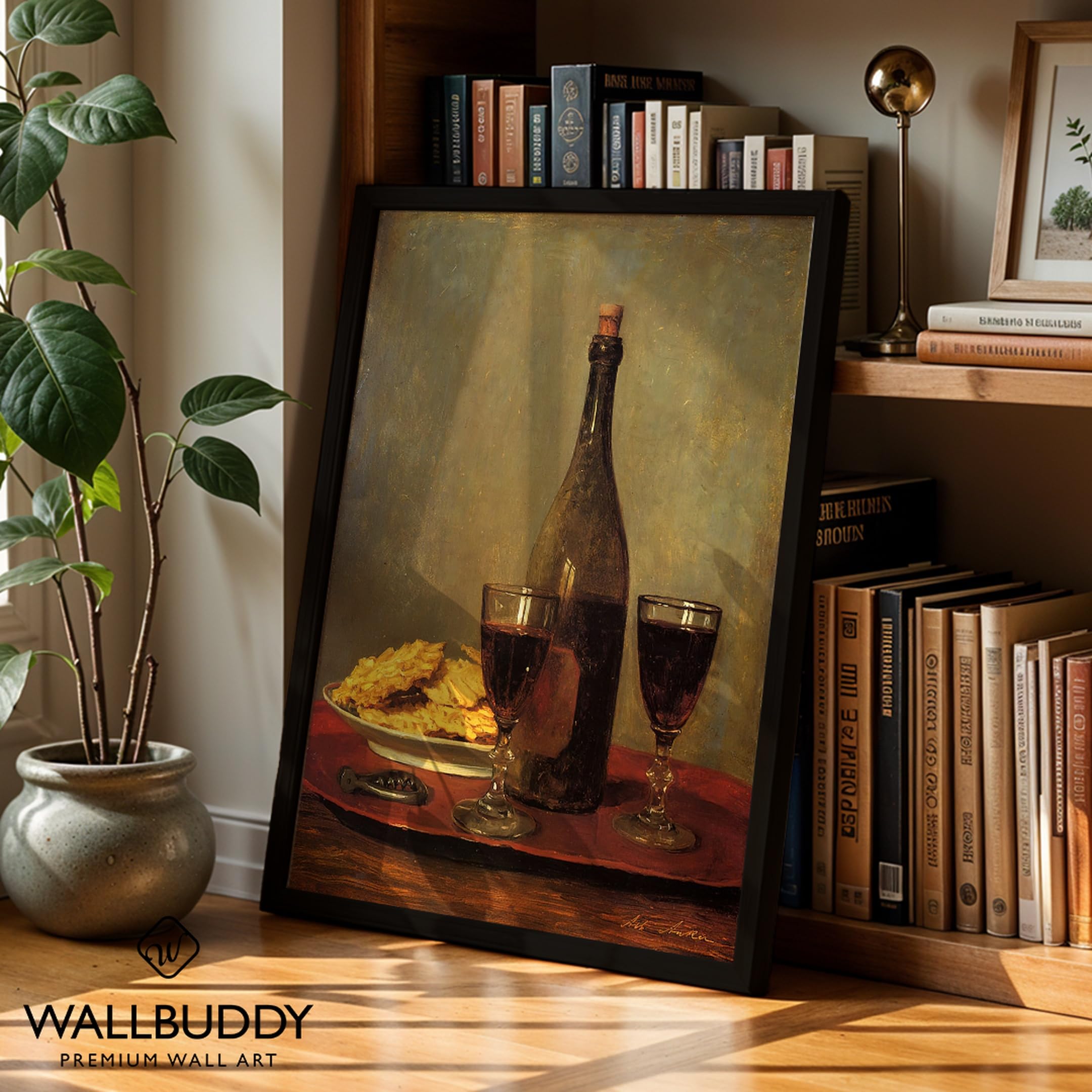 WallBUddy Wein und Cracker Stillleben | Klass (30 x 40 cm, Schwarz gerahmt)