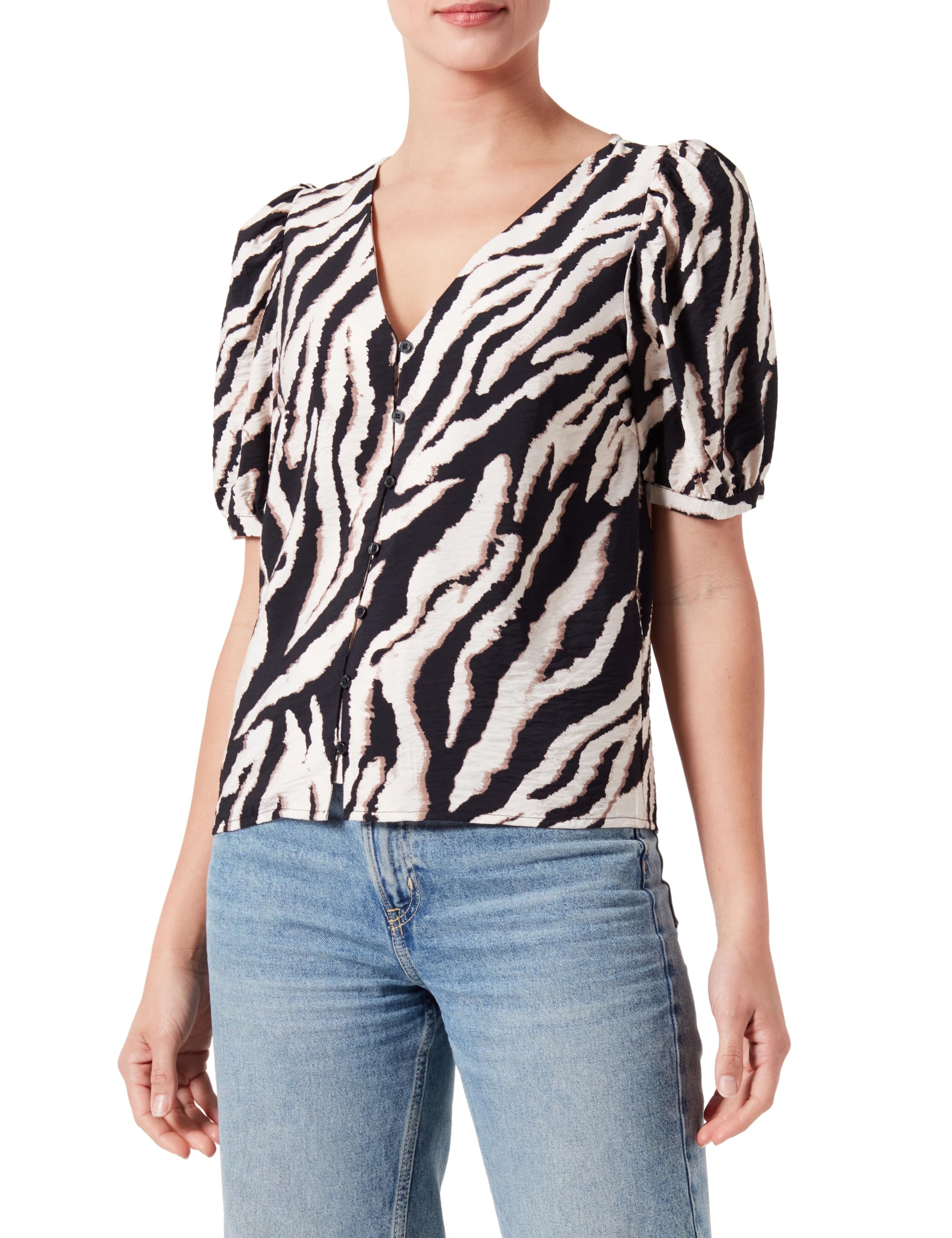 Object Women's Objjacira S/S V-Neck Top Noos Blouse, Sandshell/AOP: Black/Fossil Zebra AOP, 10