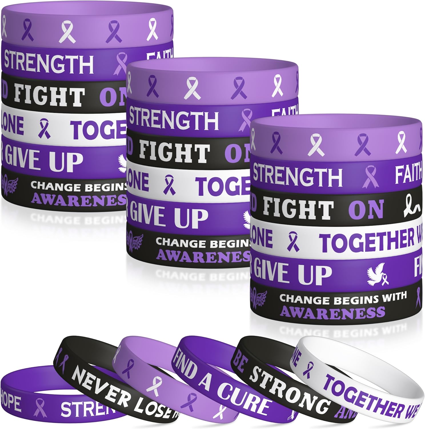 WATINC Purple Ribbon Awareness Silicone Bracelets Set, Hope Faith Stretch Wristband,Motivational Rubber Bracelet for Domestic Violence Animal Abuse Lupus Epilepsy Pancreatic Cancer Alzheimer (240Pcs)