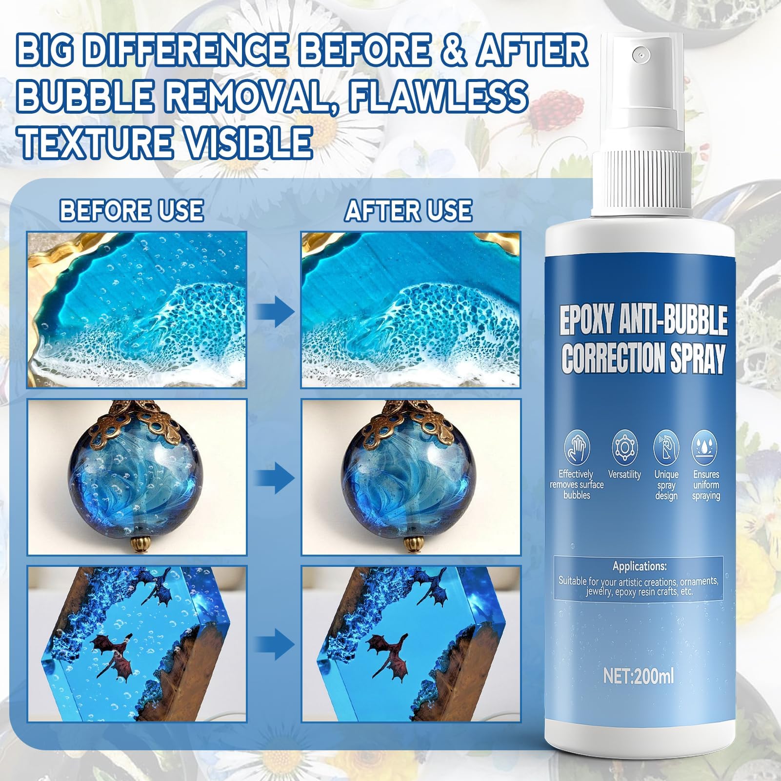 Lustrage Resine Epoxy Spray, Spray Anti-Bulles Resine Epoxy, Anti Bubble Spray, debulleur Résine Époxy, Élimine Efficacement les Bulles de la Surface de la Résine Époxy, 200ml