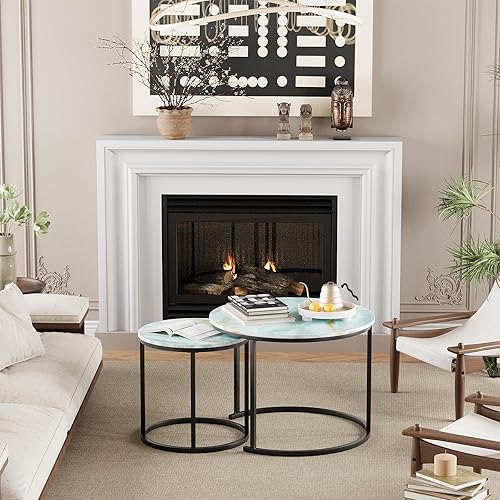 Miniatura 7 de Garden 4 you Mesa auxiliar anidable, mesa auxiliar redonda de 23.6 pulgadas, juego de 2, mesa anidable de madera con marco de metal, mesas