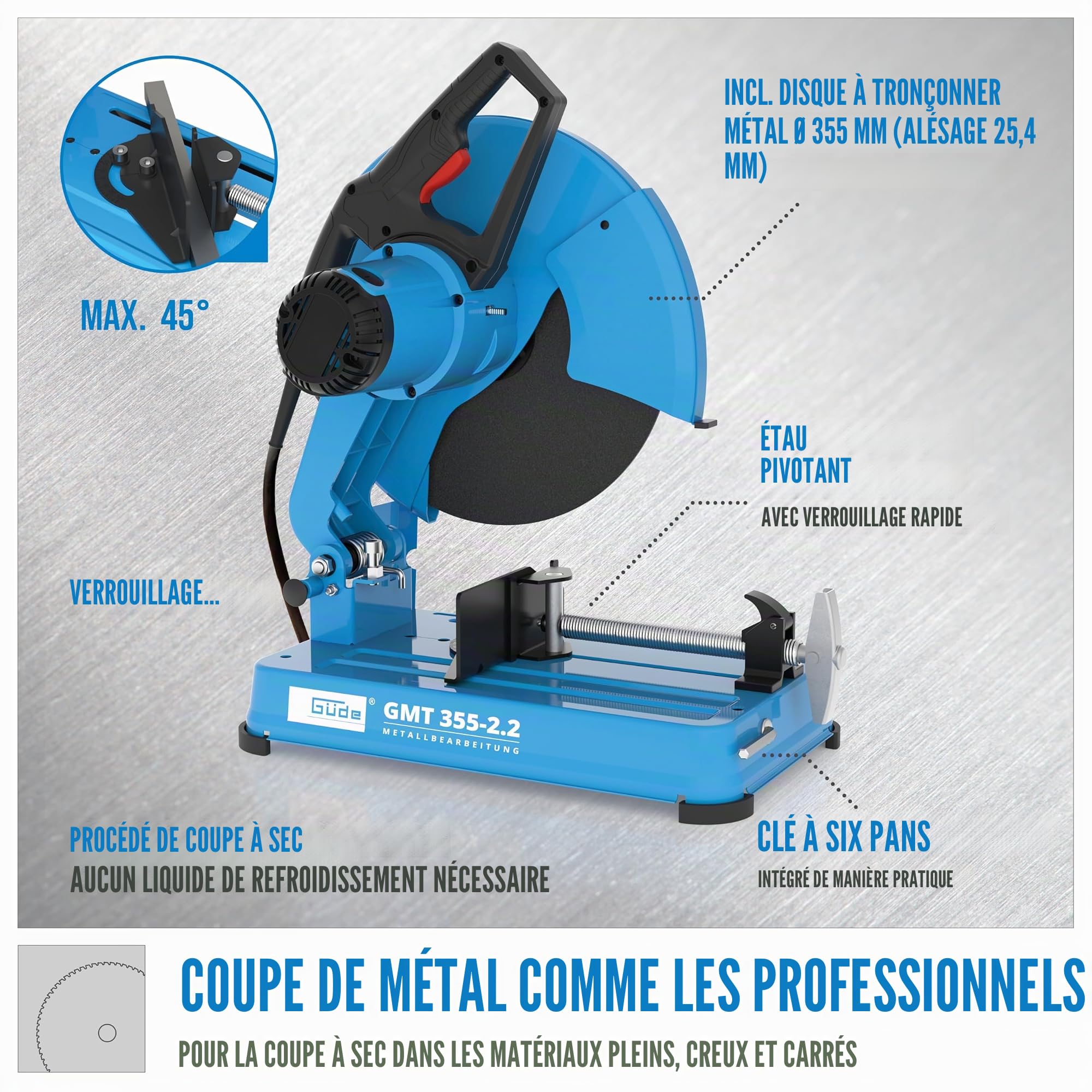 Güde scie à métaux GMT 355-2.2 2,2 kW disque à tronçonner interrupteur de sécurité étau
