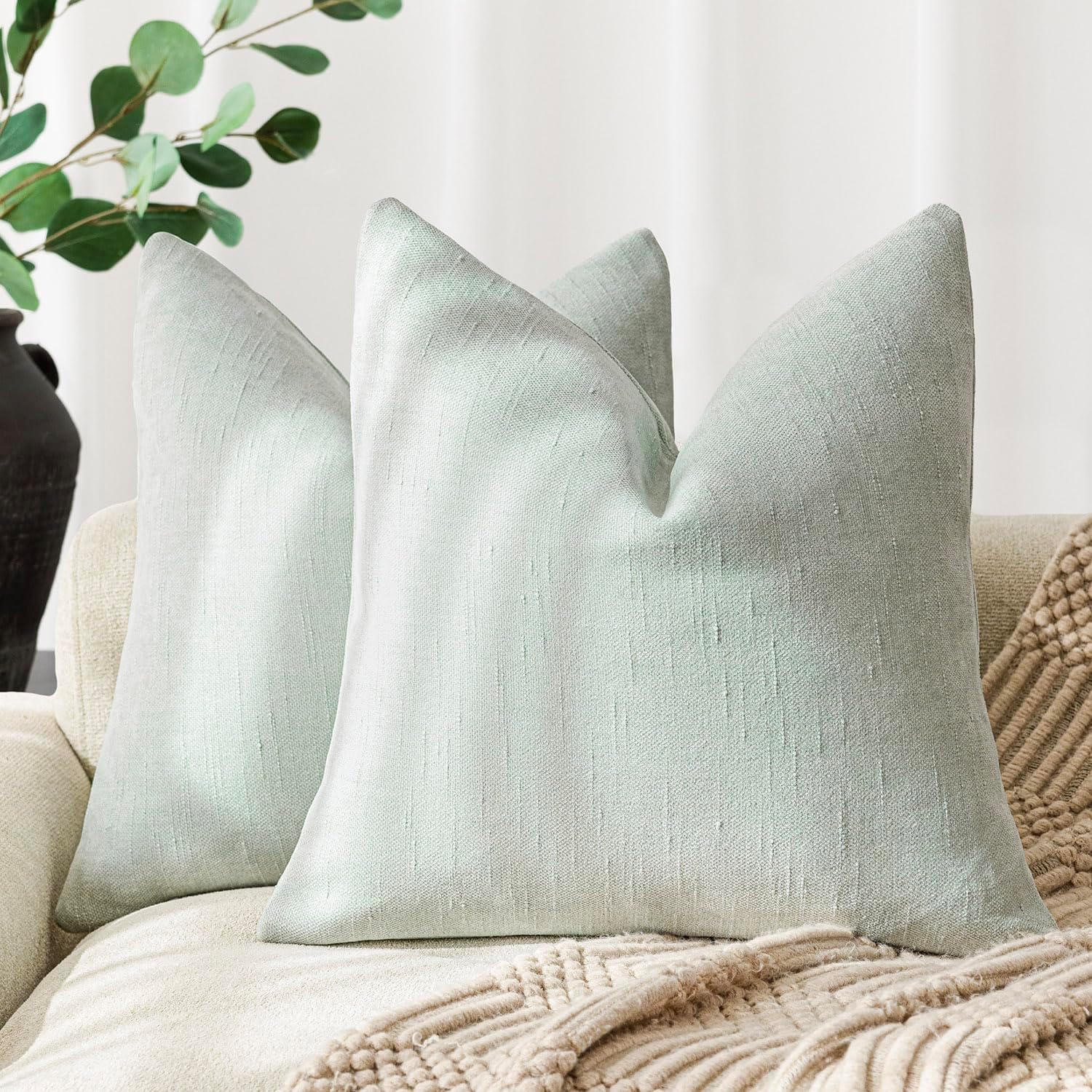 Foindtower Set of 2 Soft Textured Chenille Throw Decorative Pillow Covers Square Accent Solid Cushion Cover Cozy Neutral Farmhouse Pillow Case for Couch Sofa Bedroom Living Room 20x20 Inch, Sage Green