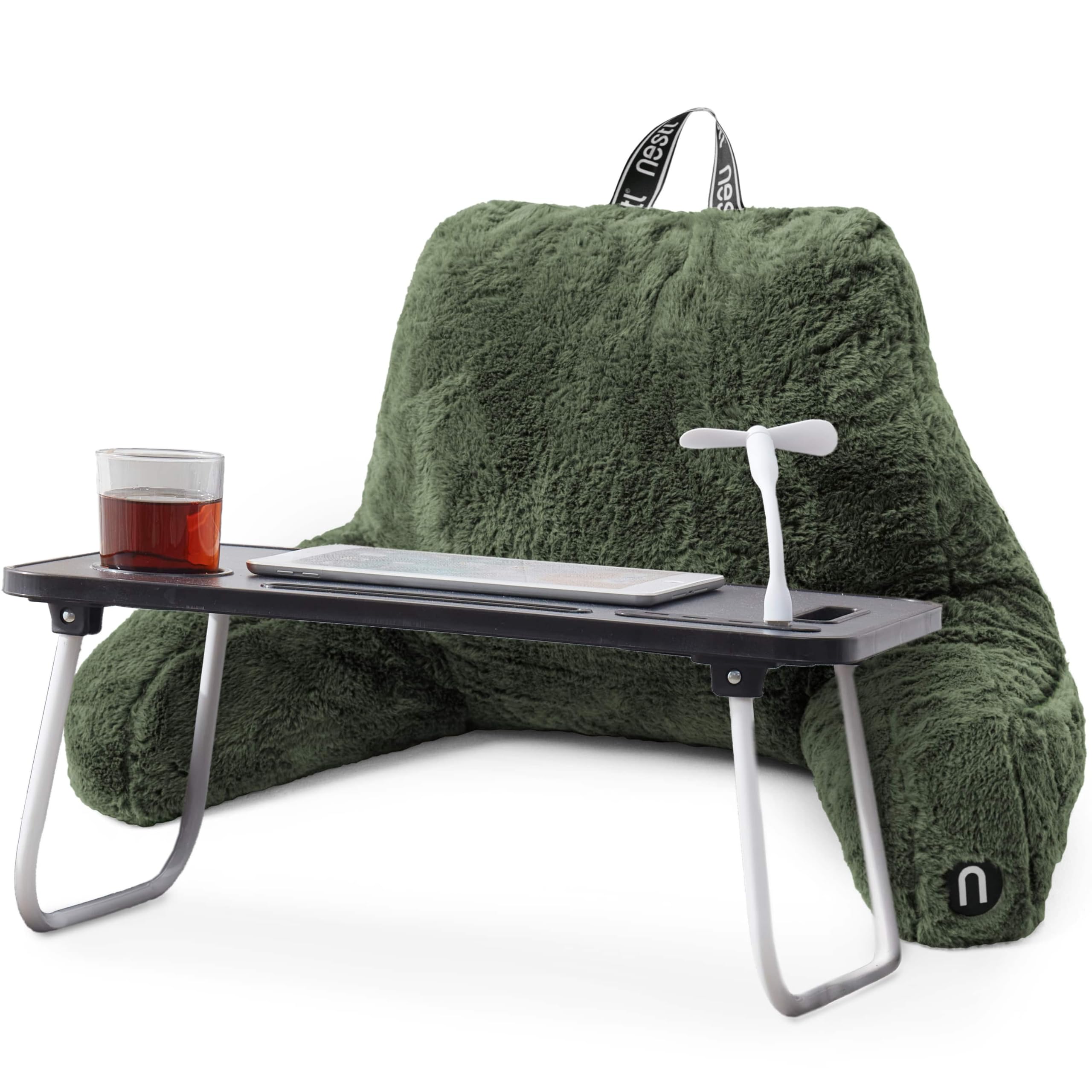 Nestl Fur Reading Pillow with Laptop Lap Desk, Stylish Back Pillow for Sitting Up, Lap Desk with Reading Pillows for Sitting in Bed Adult & Kids, Faux Fur Chair Pillow with Arms - Olive Green