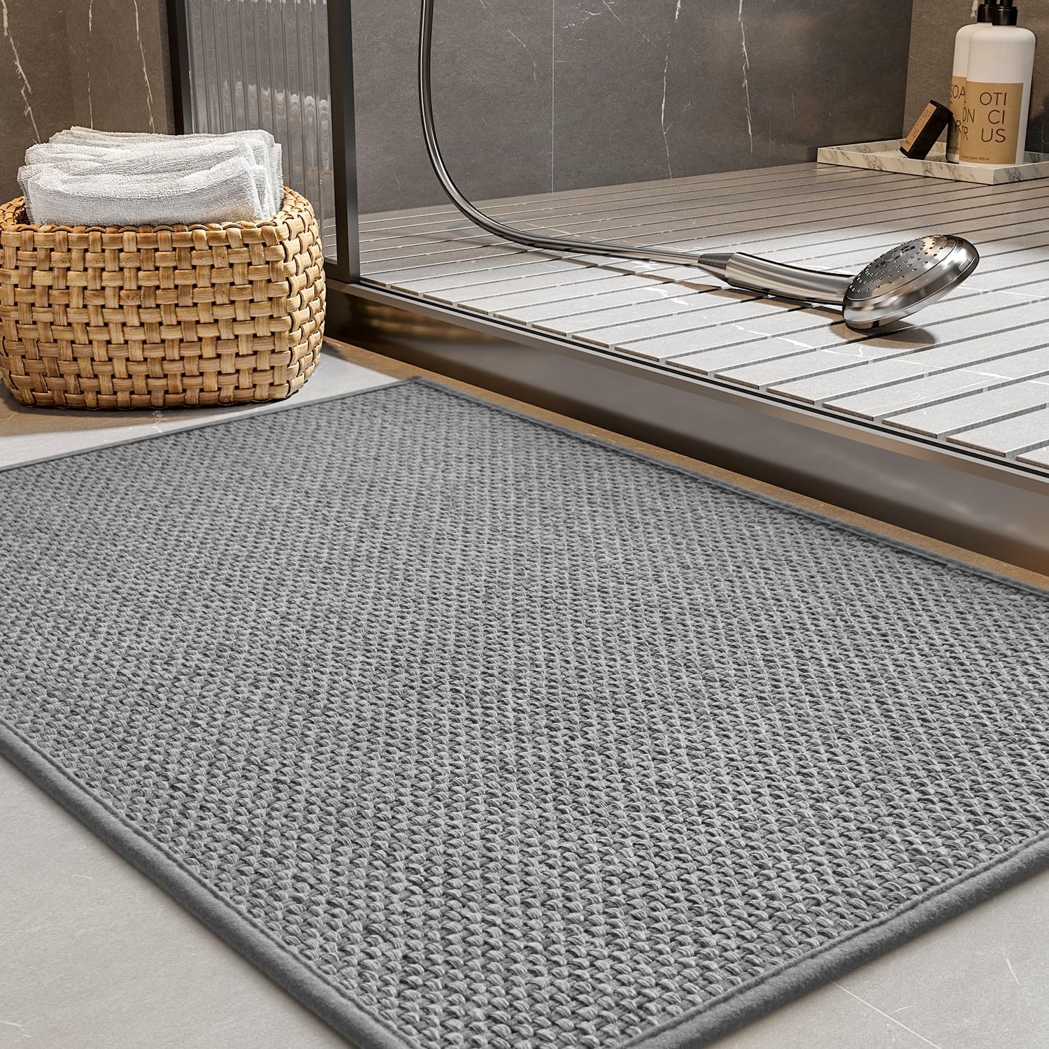 PADOOR Non-Slip Bath-Mats for Bathroom, Rubber-Backing Braided Absorbent Bathroom Mat Machine Washable Thin Bathroom Rugs Fit Under Door Quick Dry Bath Rugs for Floor, 17''x24'' Grey