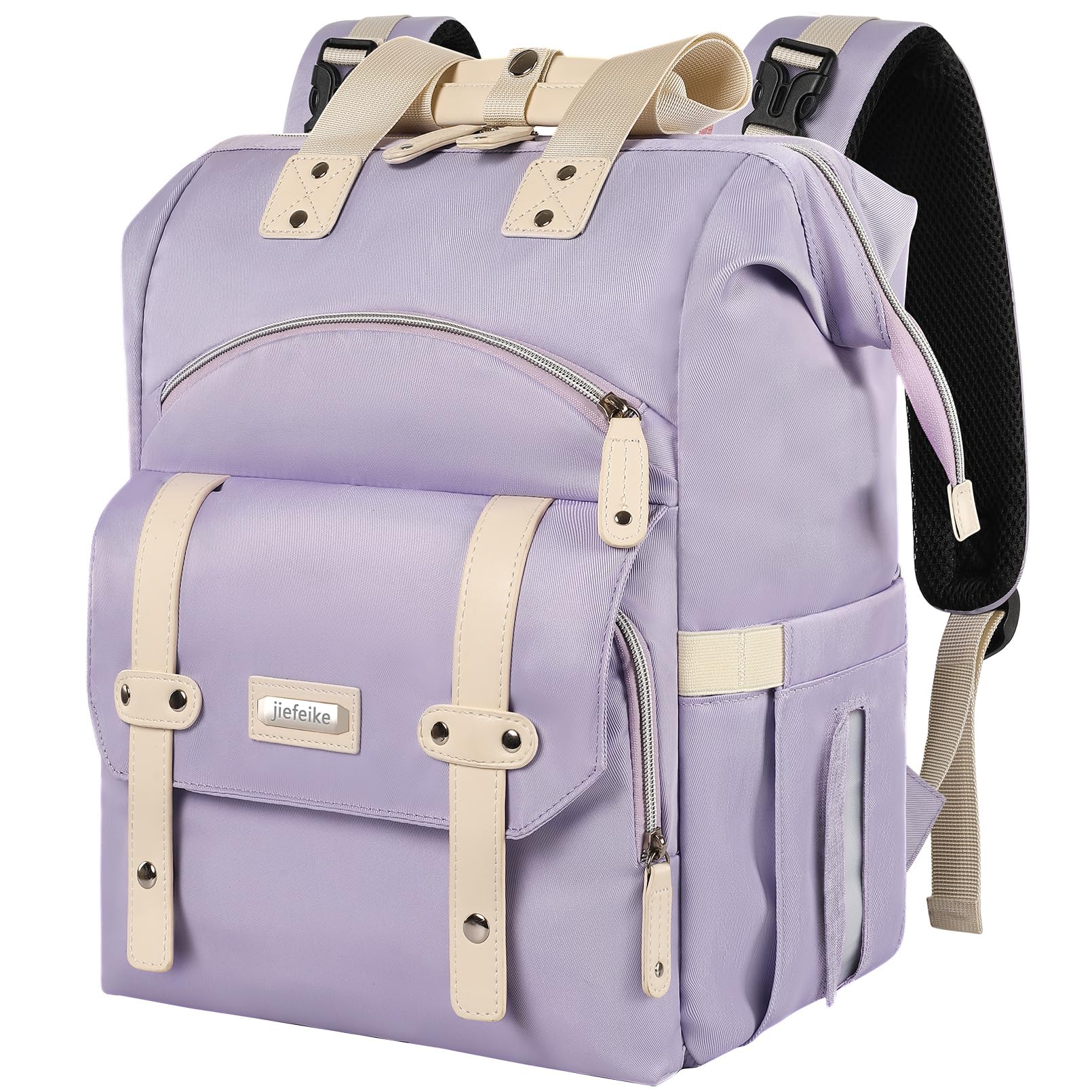 Jiefeike Diaper Bag Backpack,Purple Travel Backpack for Dad Mom Boys Girls,Insulated Pockets Portable Baby Nappy Bags with USB Charging Port,RFID