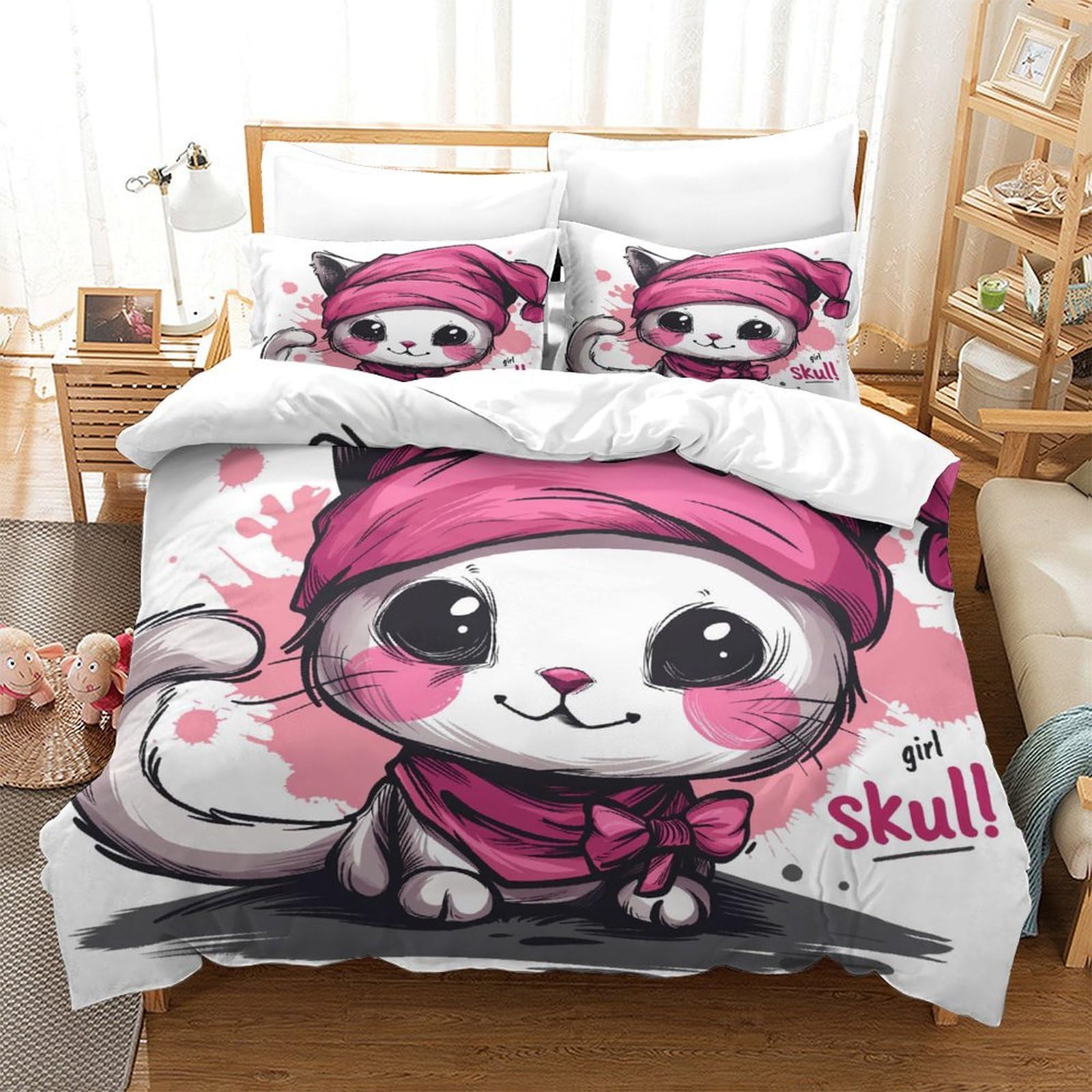 Housse de couette chat mignon 220x240 cm parure de lit 2 pièces