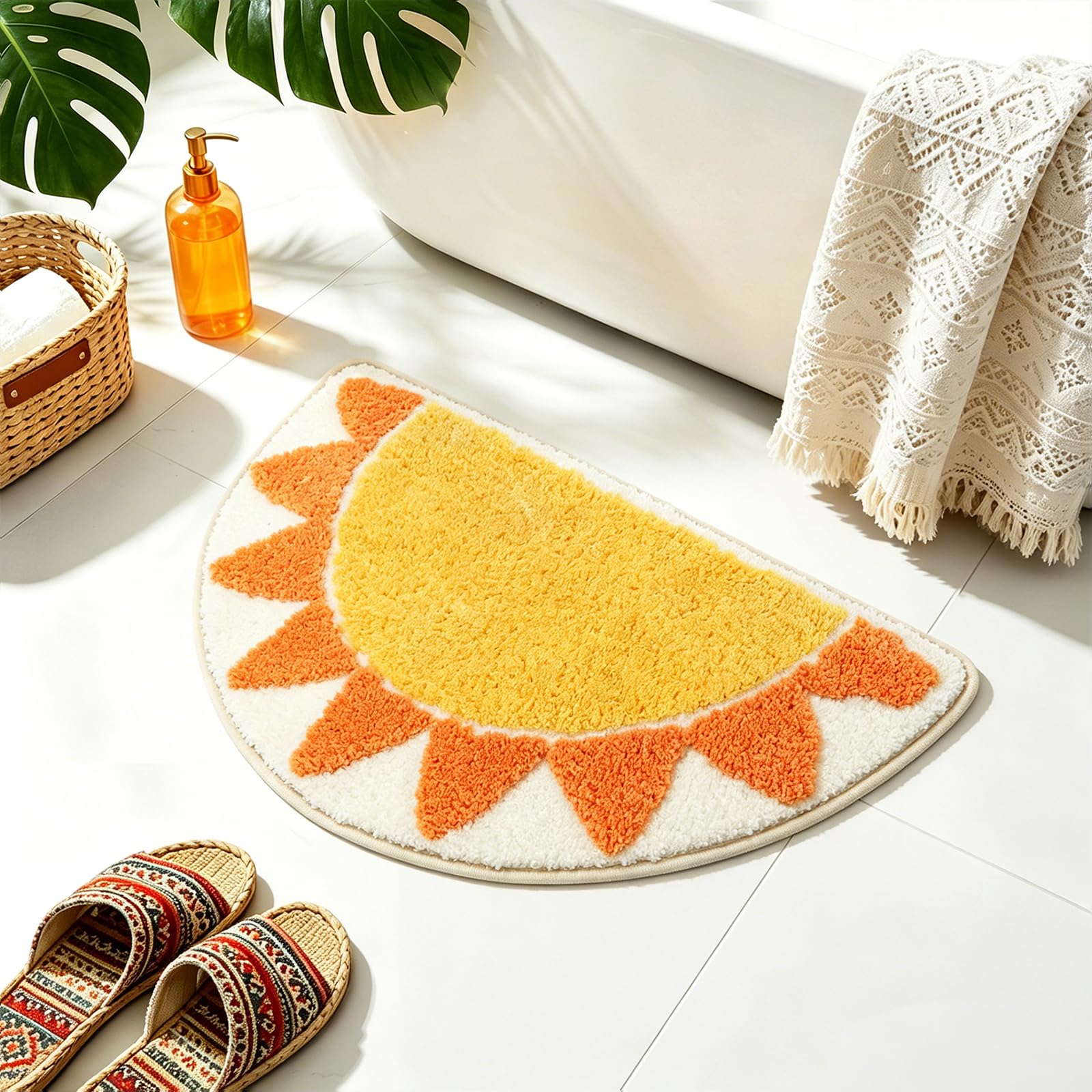 Alutaba Boho Half Round Sun Bath Mat, Soft Non Slip Bathroom Rug 40 x 60 cm