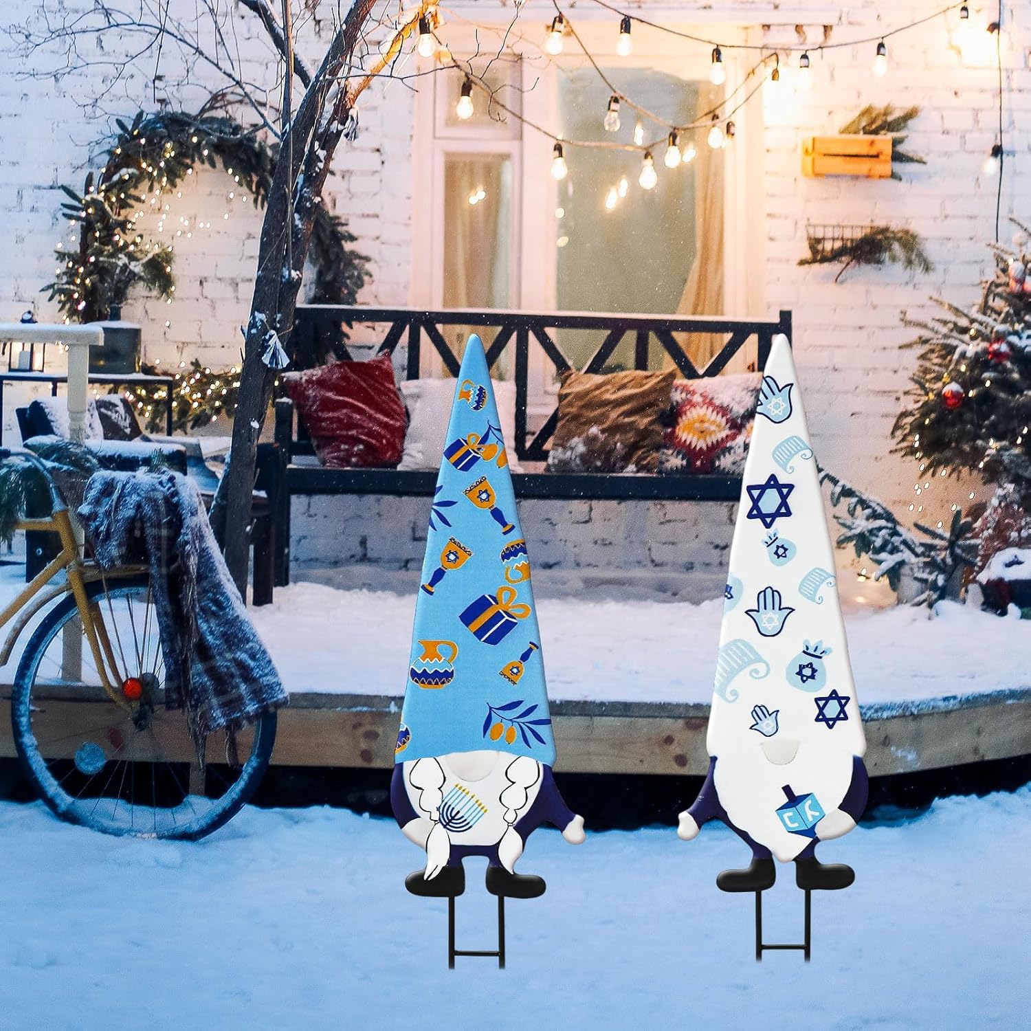 Cinnvoice 2 Pcs Hanukkah Metal Yard Gnome Stakes 27.6” Chanukah Decorative Gnomes Stakes for Outdoor Happy Hanukkah Garden Signs for Jewish Christmas Party Supplies Lawn Garden Decoration