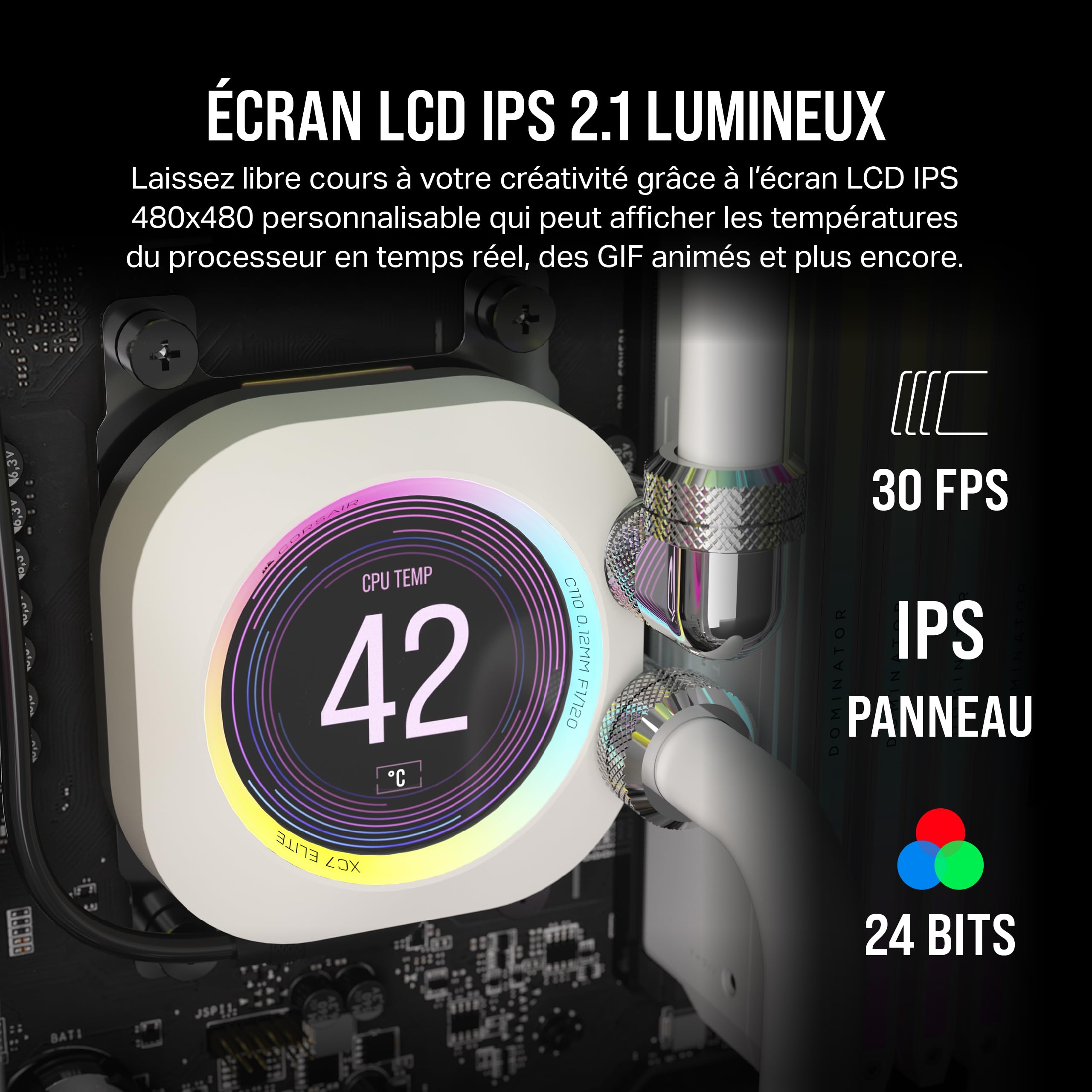 CORSAIR XC7 RGB ELITE LCD Waterblock pour Processeur - Écran LCD 480x480 - 31 LED RGB - USB-C - Compatible avec Intel LGA 1700, AMD AM5 et plus - Blanc