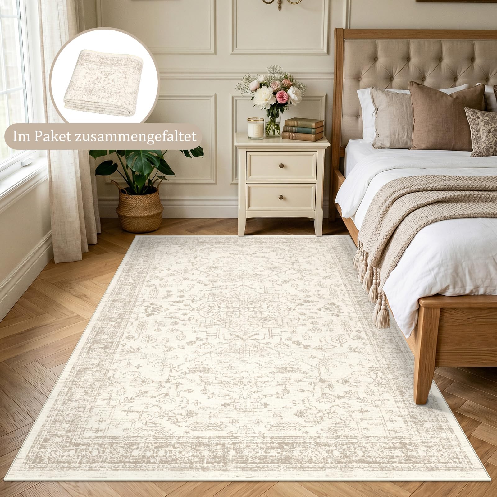 Tapis Vintage Beige 120x180cm Lavable antidérapant Poil Court pour Salon, Chambre, Bureau, Cuisine