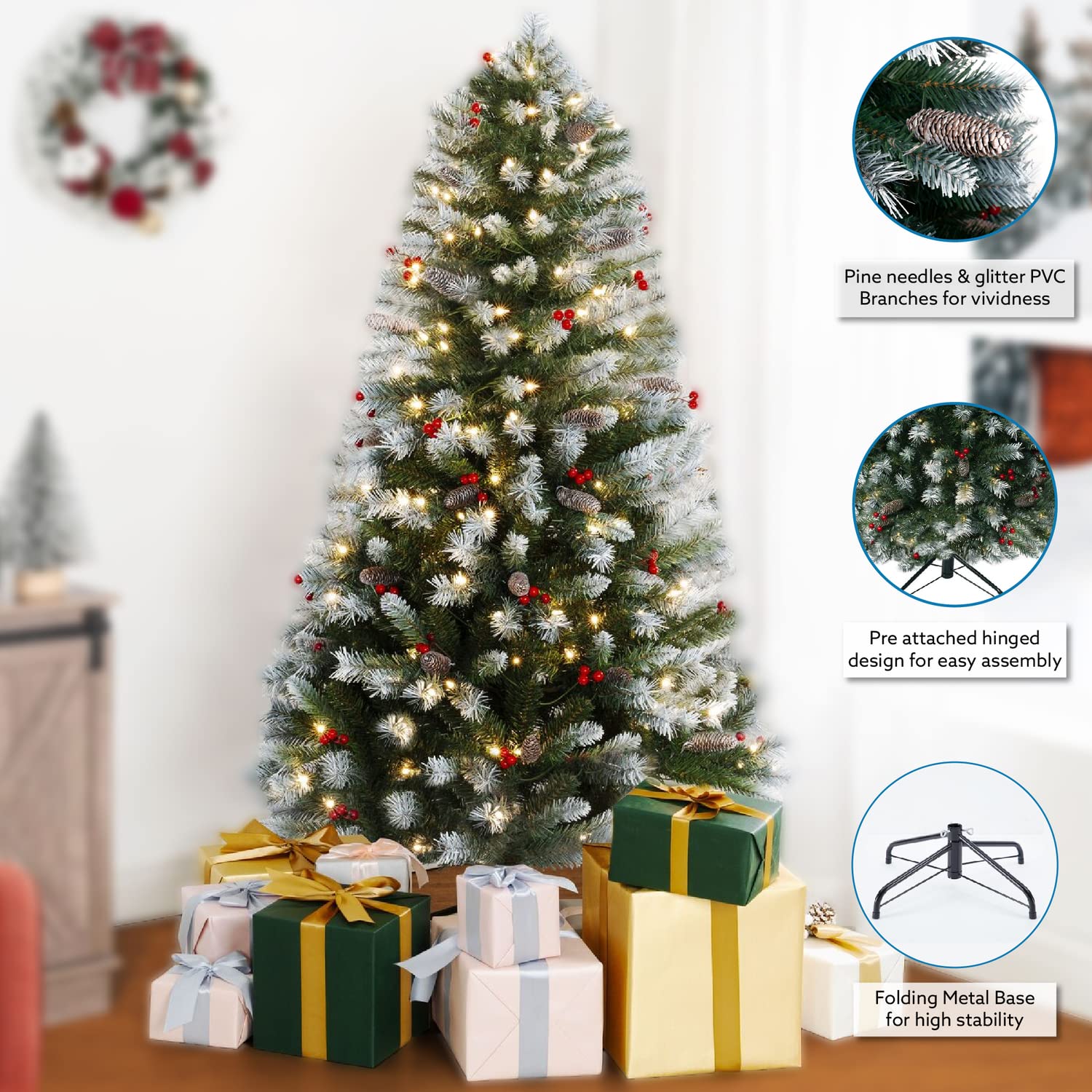 Vancouver 7.5ft Frosted Prelit Artificial Christmas Tree with Pine Cones, Faux Berries, Foot Pedal, 1346 Branch Tips, 550 Warm Lights, Metal Stand, 53" Wide Realistic Decorated Spruce Christmas Tree