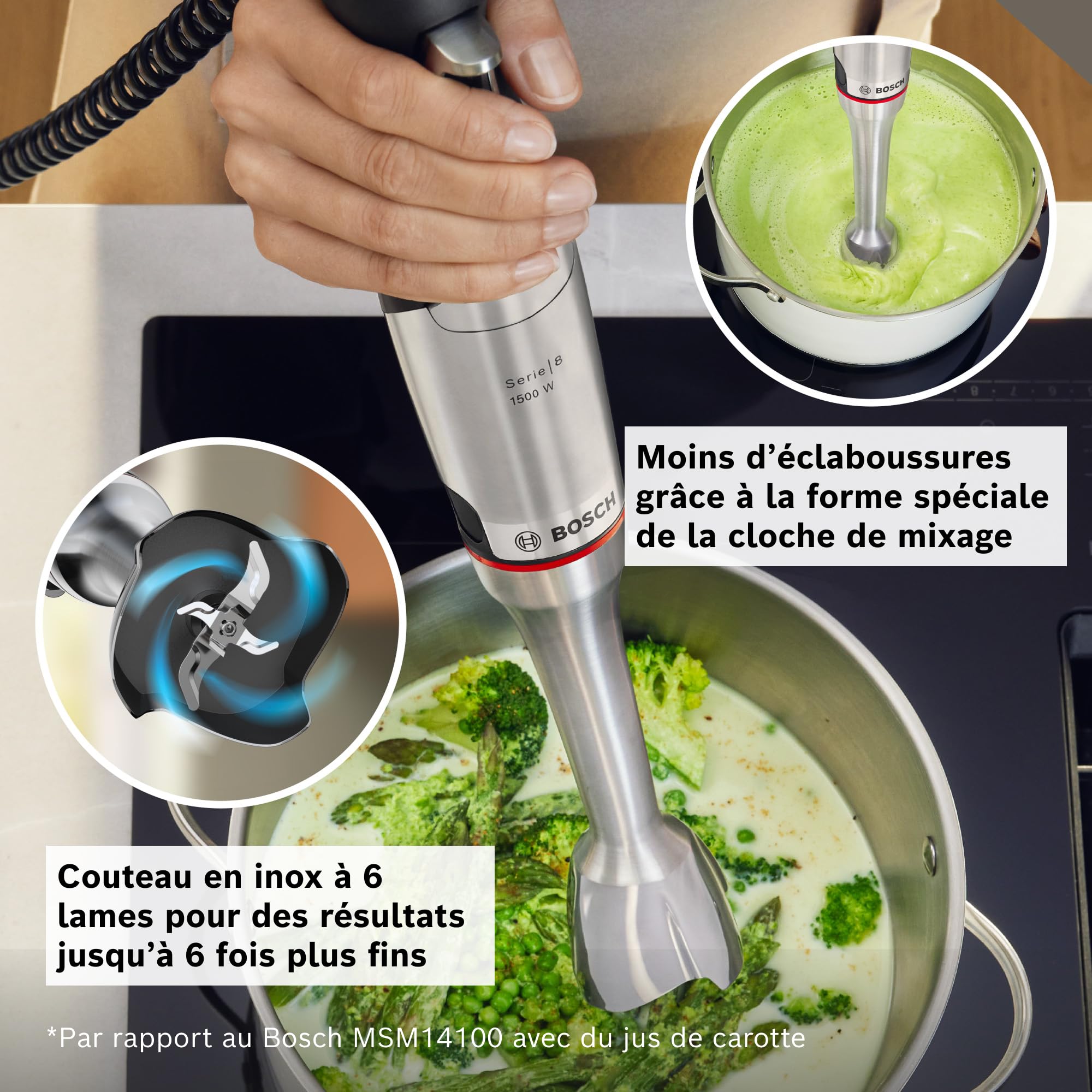 Bosch, mixeur plongeant, ErgoMaster Série 8, moteur 1500 W, réglage de vitesse intuitif, 6 lames, accessoires inclus, acier inoxydable, MSM8M930
