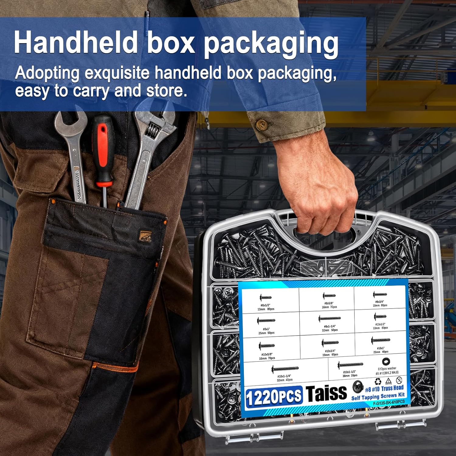 Taiss 1220PCS #8#10 Self Tapping Screws for Metal 410 Stainless Steel Self Drilling Screws (1/2'' to 2''),Black Zinc Plating Sheet Metal Screw for Metal with Washer