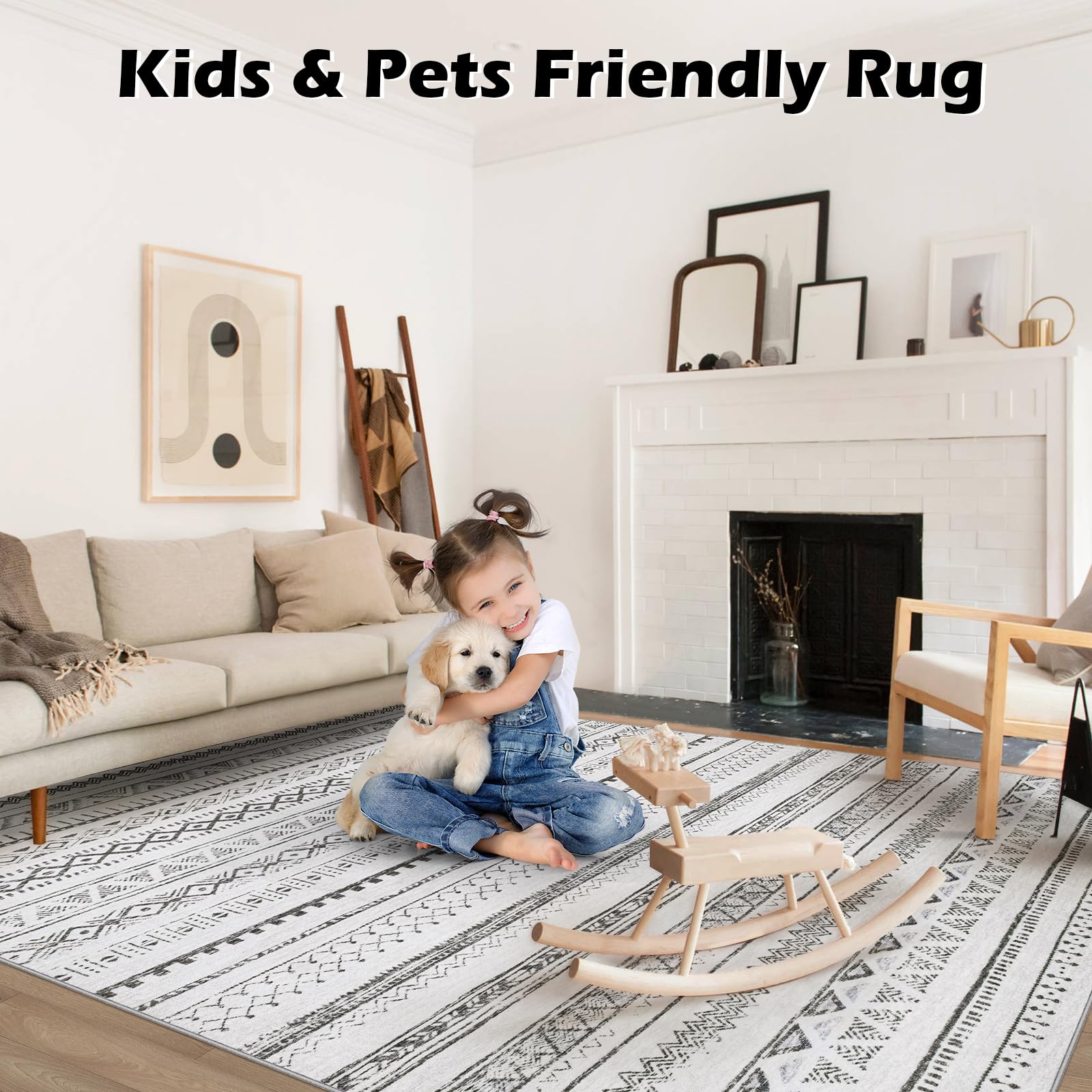 Area Rugs 5x7 Living Room Rug, Machine Washable Rug Soft Large Area Rug with Anti-Slip Backing Stain-Resistant, Modern Geometric Indoor Floor Carpet for Bedroom Dining Room Nursery-Grey