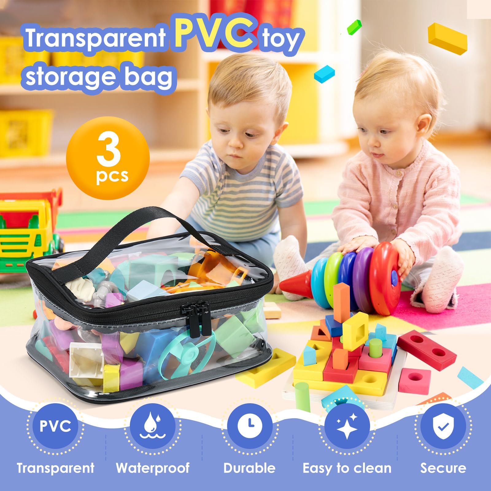 Cajas de Almacenamiento con Tapas, 3 Piezas, Bolsas de PVC Transparente, organizadoras con Cremallera y asa, para Juegos de Mesa, Bloques y Libros.