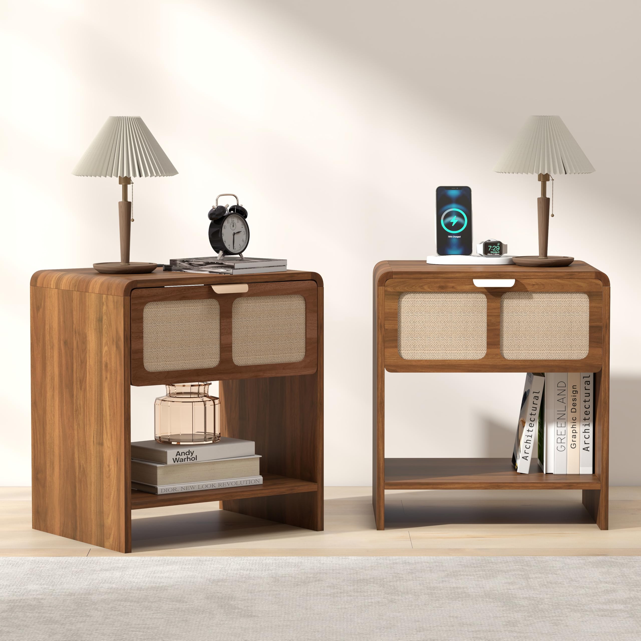 LEVNARY Compact Nightstand Set of 2, Mid-Century Modern Bedside Table with Charging Station and Fabric-Like Textured Drawer, Wooden Small End Table