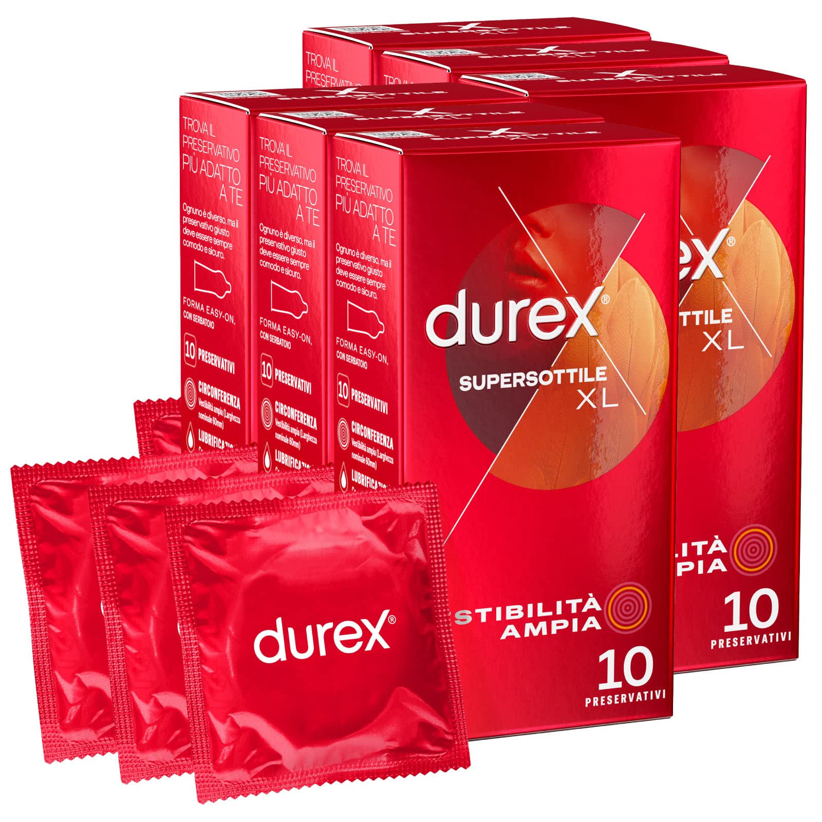 Durex Supersottile XL Preservativi Extra Large Uomo Lattice di Gomma Naturale Trasparenti Lubrificati Forma Easy-On con Serbatoio Vestibilità Ampia Spessore Sottile - 6 Confezioni da 10 Profilattici