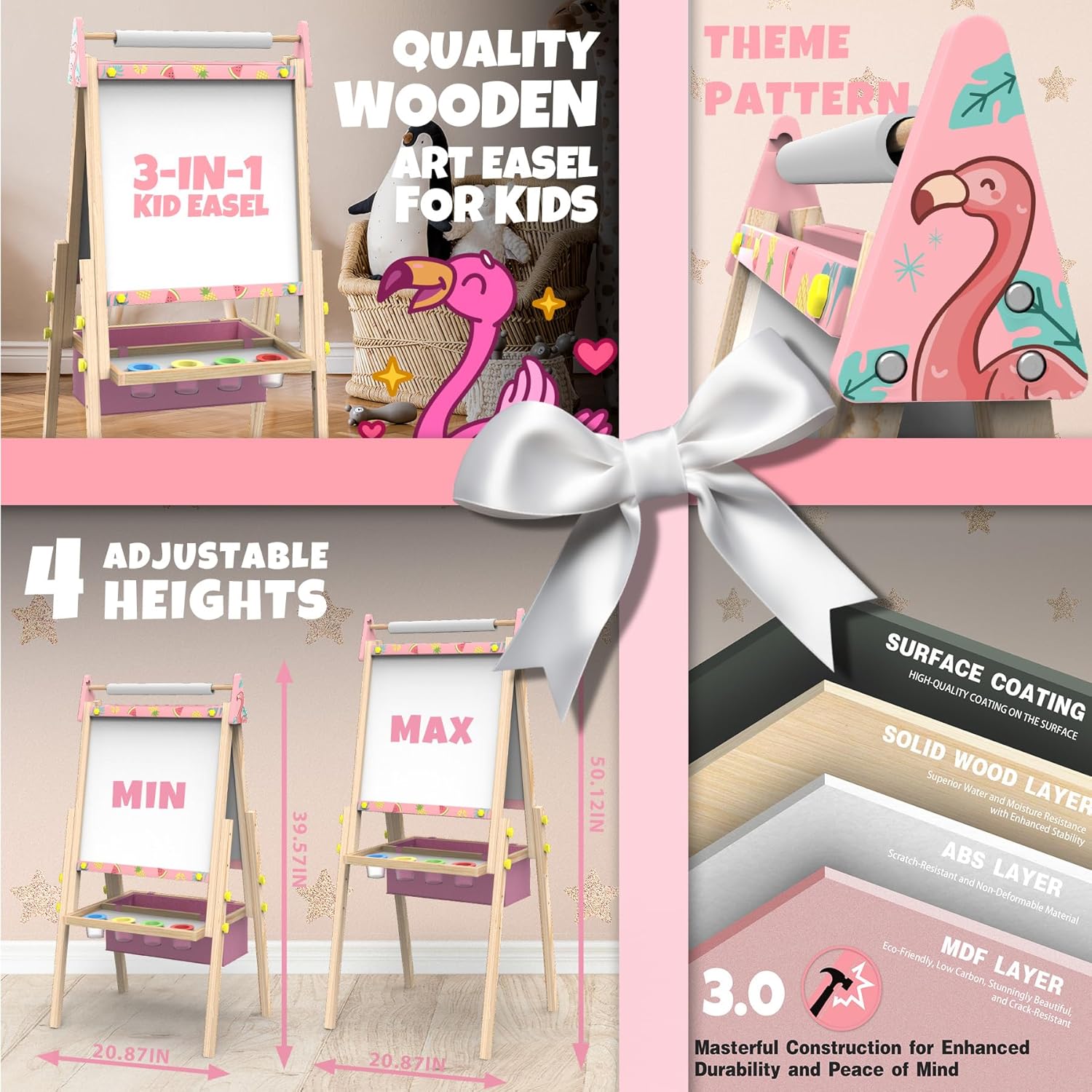 Joyooss Art Easel for Kids Easel for Toddlers,Adjustable Standing Wooden Easels Kids Whiteboard & Chalk Board Kids Dry Erase Board,Art Easel for Kids Easel for Toddlers 2-4 Years