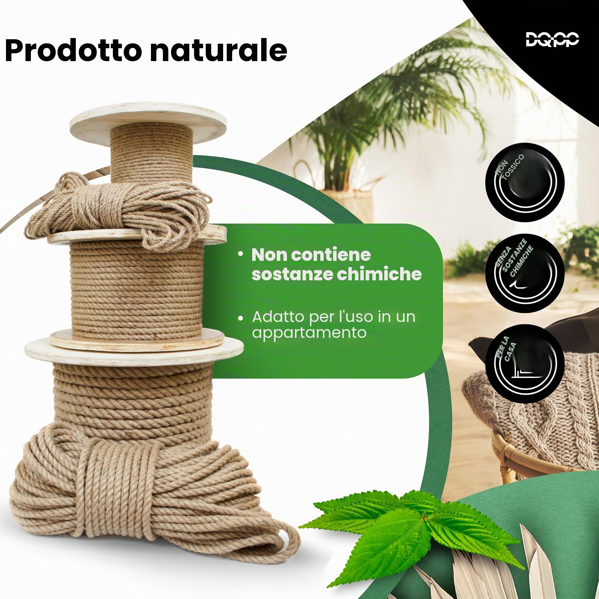 DQ-PP Corda di Iuta | Lunghezza 5 metri | Diametro 40 milimetri | Naturale e Biodegradabile Juta | Decorazioni Yuta | Tiragraffi