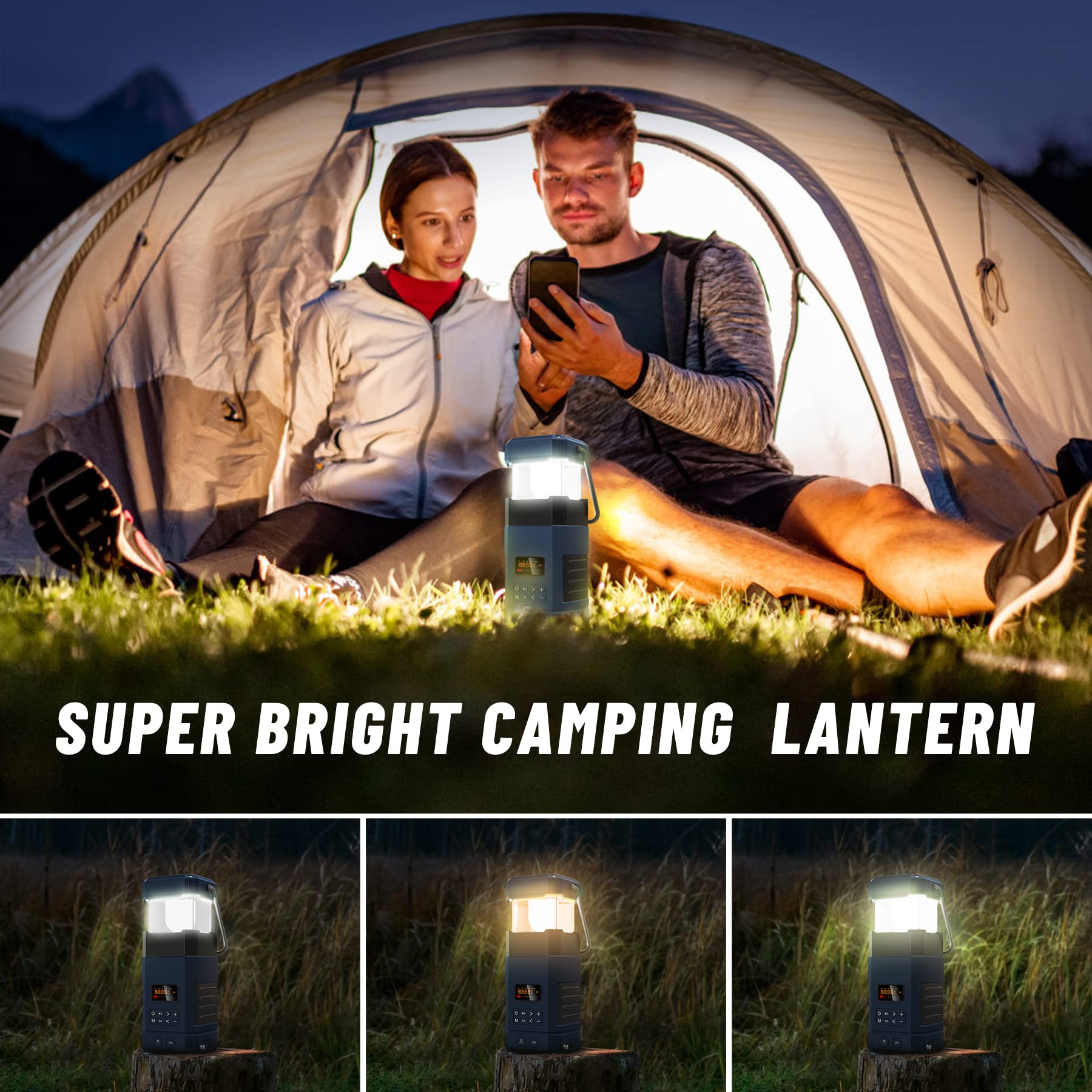 Libovgogo Lanterna da campeggio LED di emergenza DF-585,Altoparlante Bluetooth impermeabile IPX5,Radio di allarme meteo NOAA a manovella con pannello solare,Radio AM FM portatile con torcia,Caricatore
