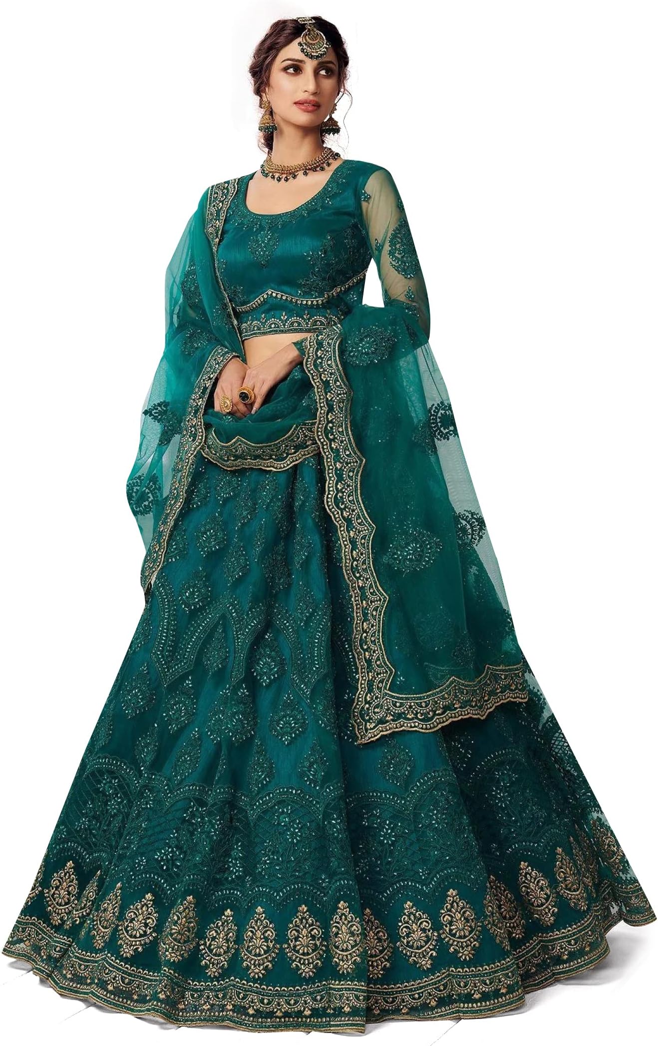Fast Fashions Women's Chain Stitch Semi-Stitched Net Lehenga Choli (Green_FreeSize), Green, One size, Green