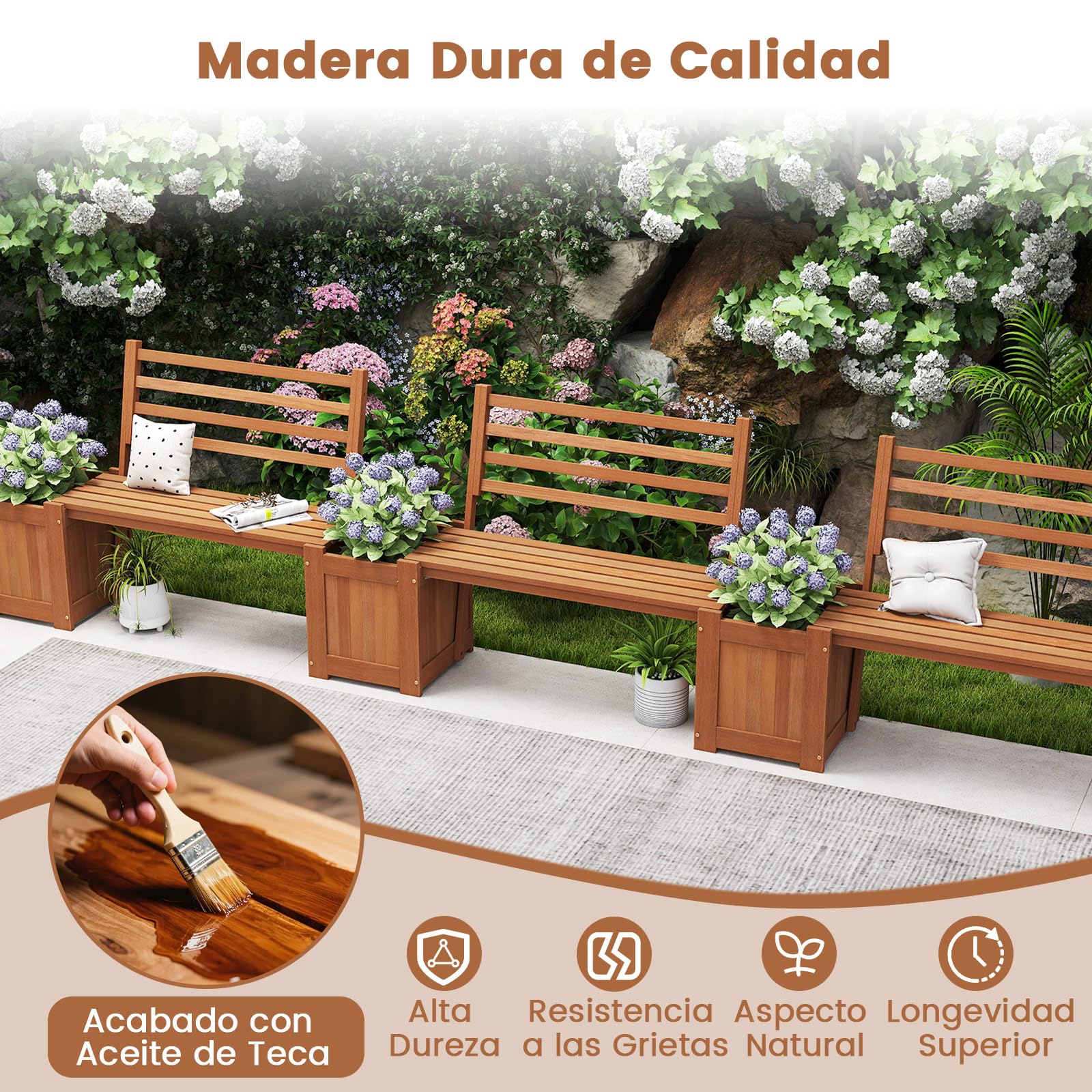 COSTWAY Jardinera de Madera con Banco, Banco Jardin Exterior con 2 Maceteros y Respaldo, Cama de Jardín Elevada con Base Abierta y Acabado de Aceite de Teca, Macetero Grande Decorativo, 172x46,5x91 cm