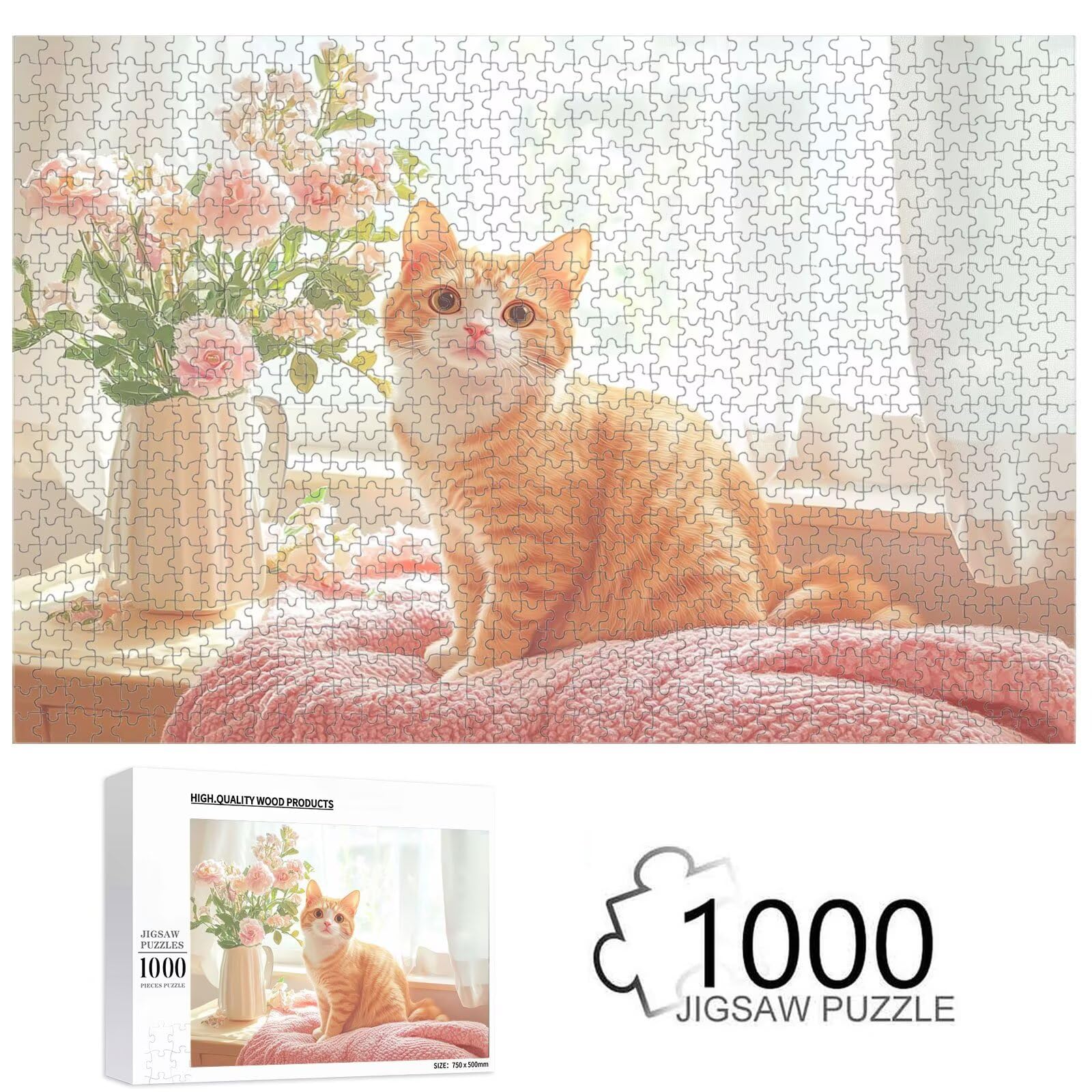 Puzzle 4000 elementów dla dorosłych, kwiat i kot, drewniane puzzle, 1T