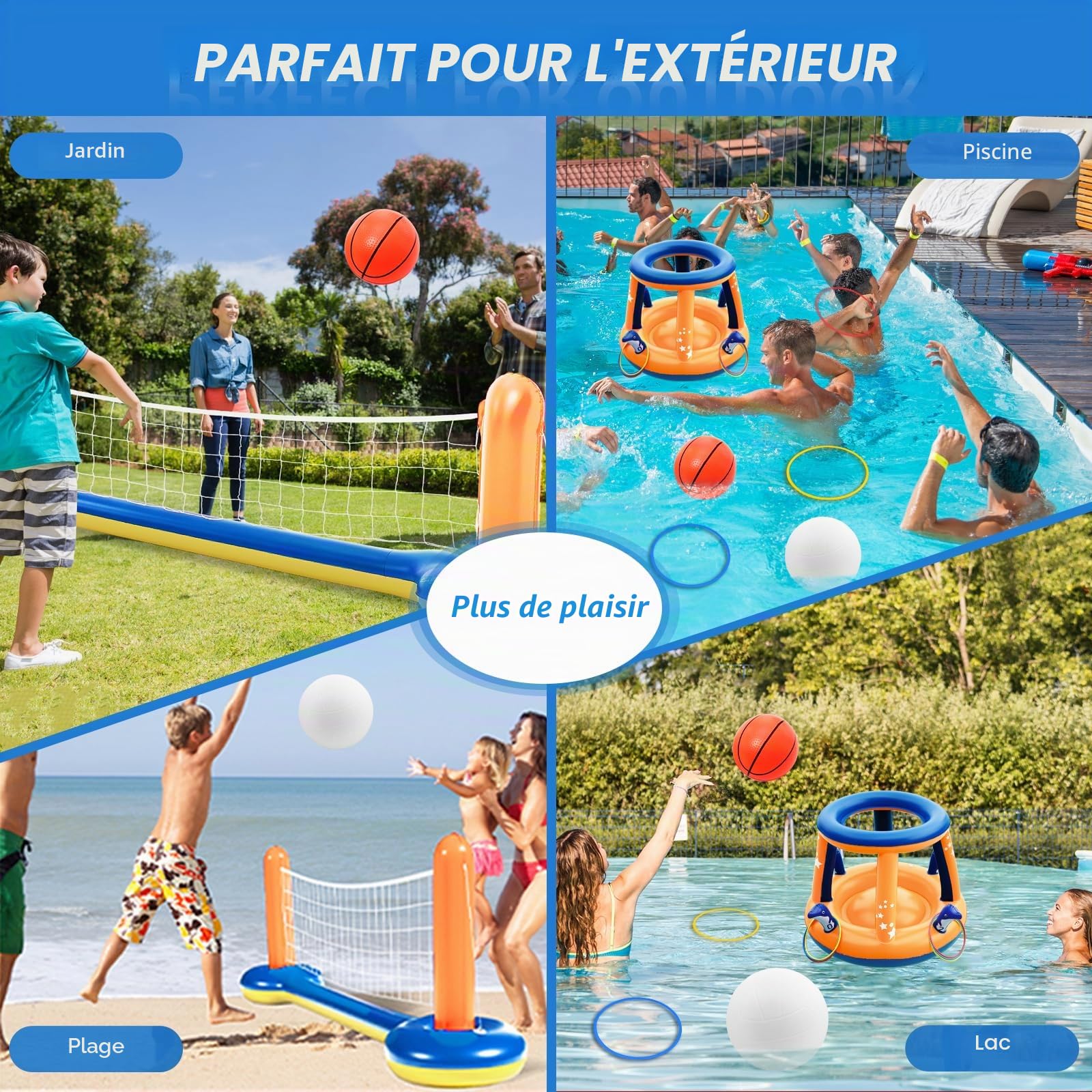 Jasonwell Ensemble de Jouets de Piscine – Set 3 en 1 Filet de Volleyball de Piscine Panier de Basketball Jeu de Lancer d'Anneaux Flotteurs Gonflables Eau Volleyball Flottant Jeux de Piscines de